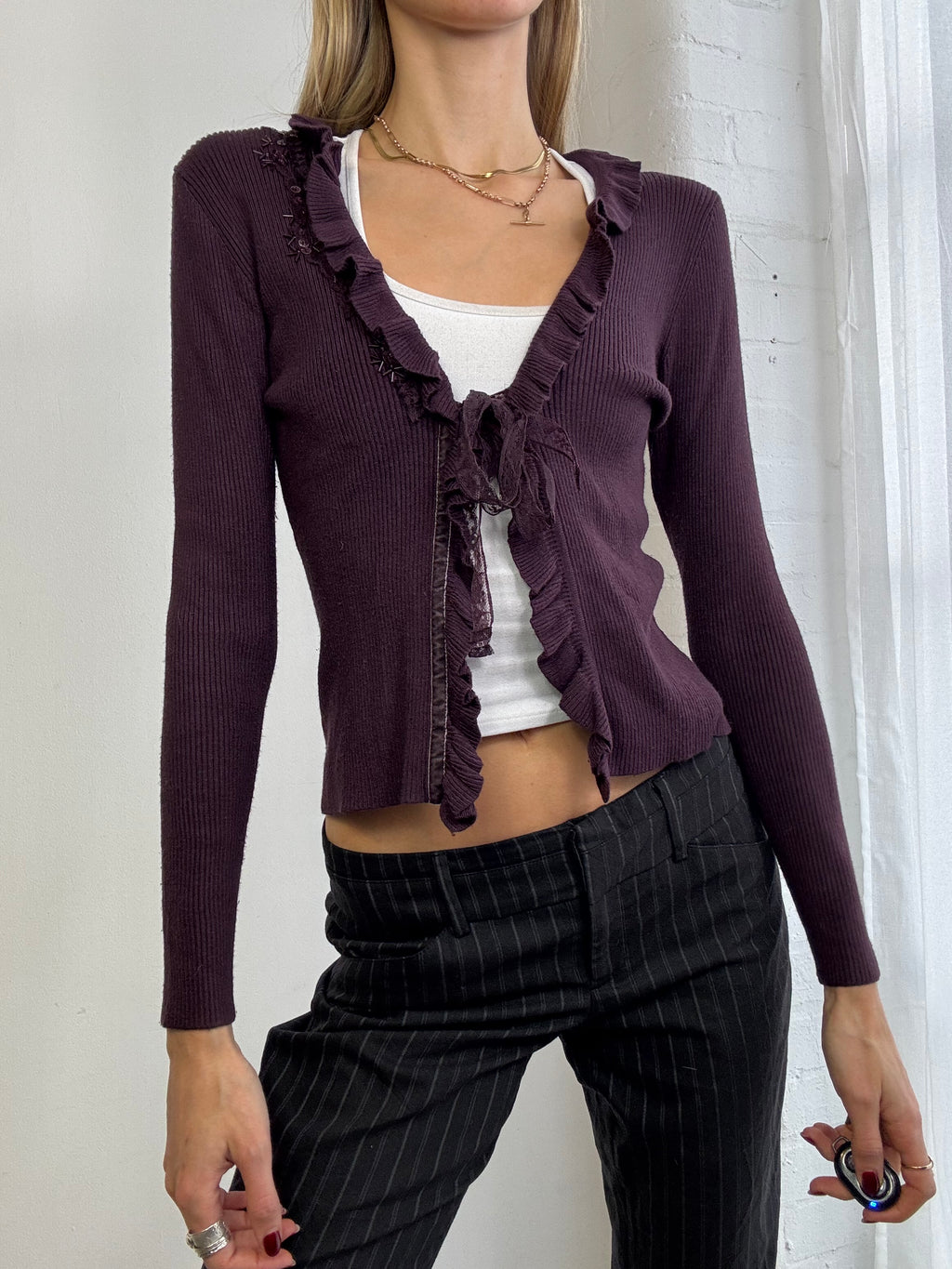 Vintage Y2K purple tie front ruffle cardigan beaded