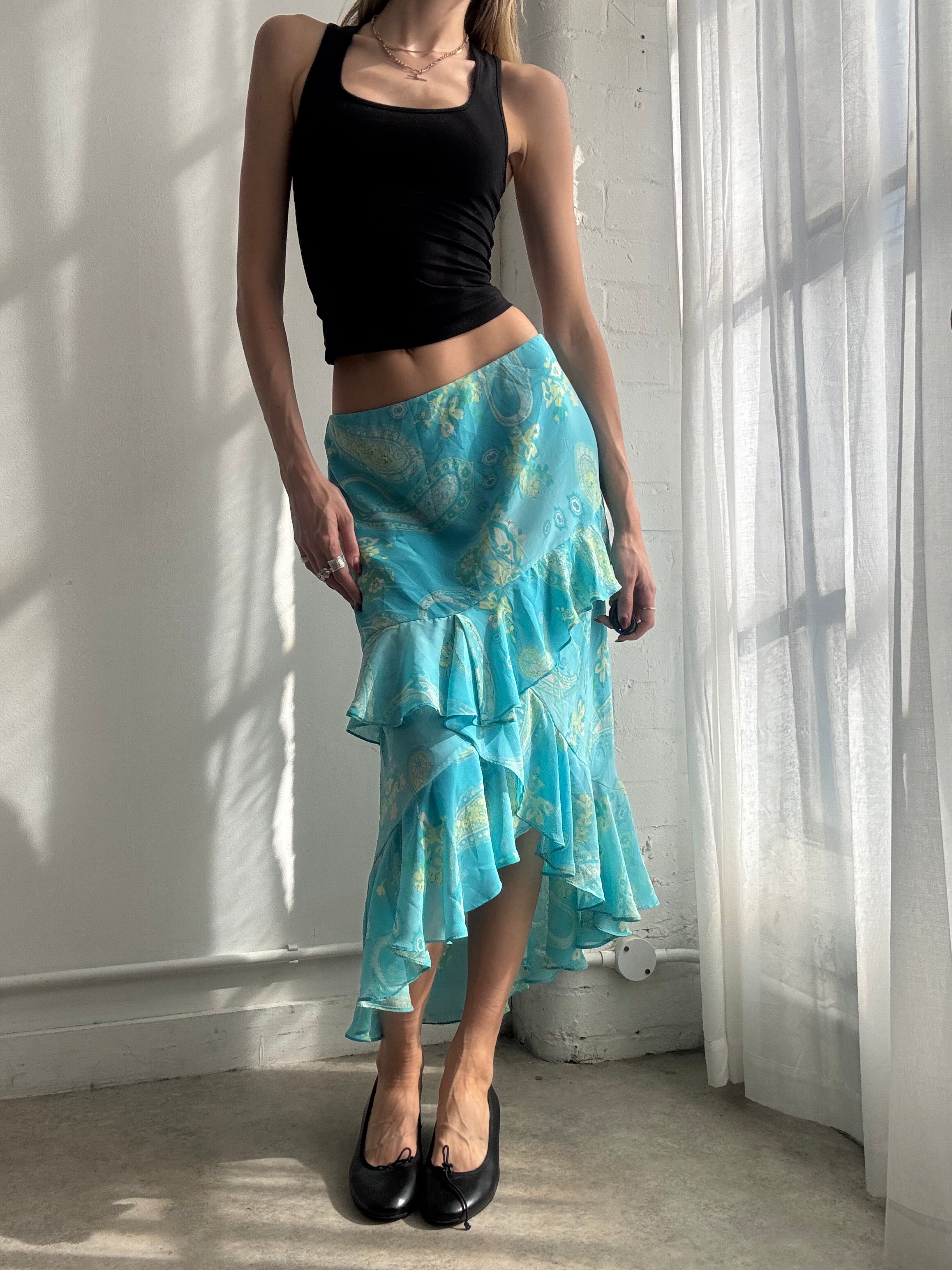 Vintage Y2K turquoise floral ruffle mesh midi skirt asymmetric