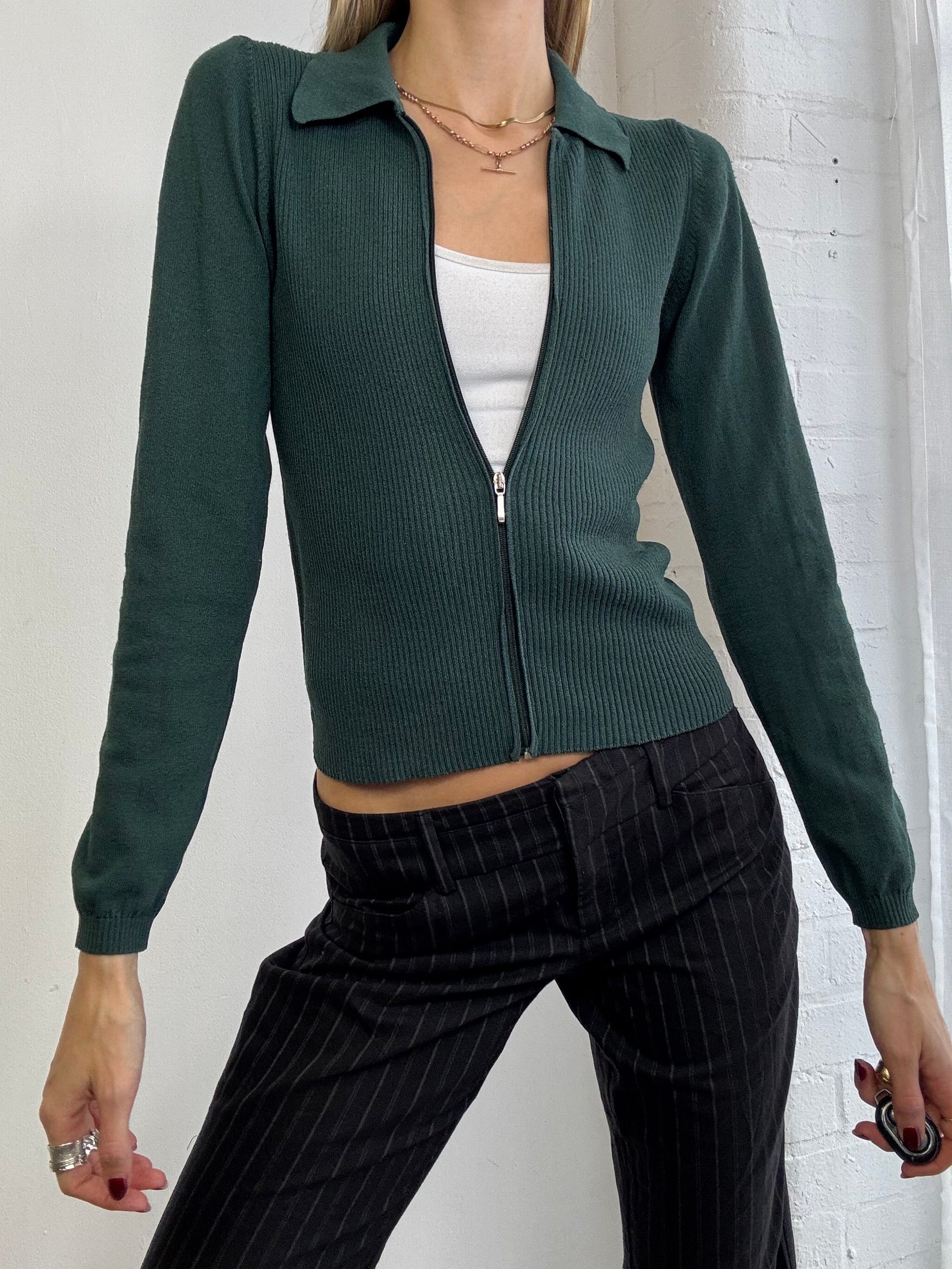 Vintage Y2K zip up ribbed jumper green