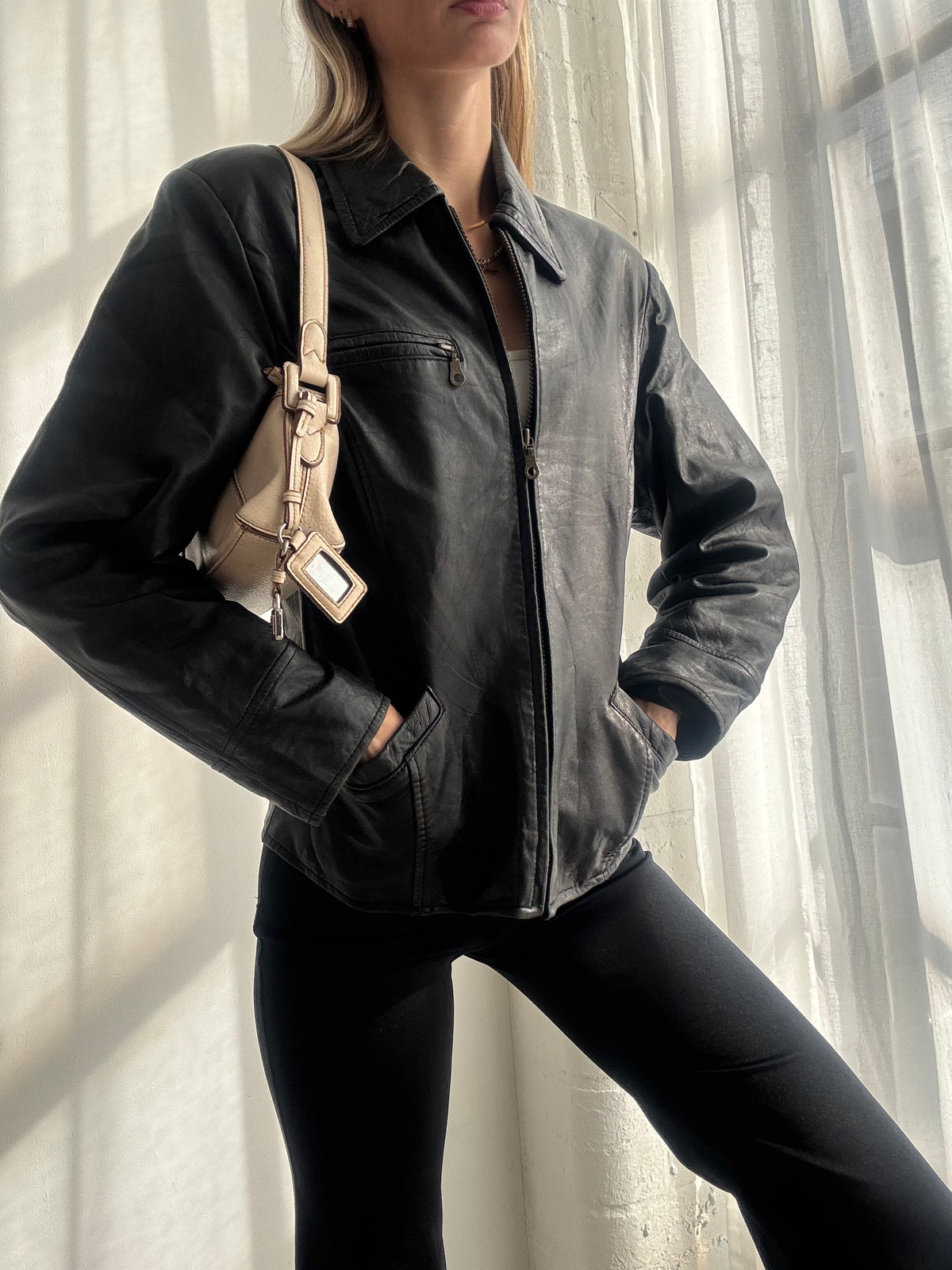 Vintage Y2K Black Leather Zip Up Jacket - Size L