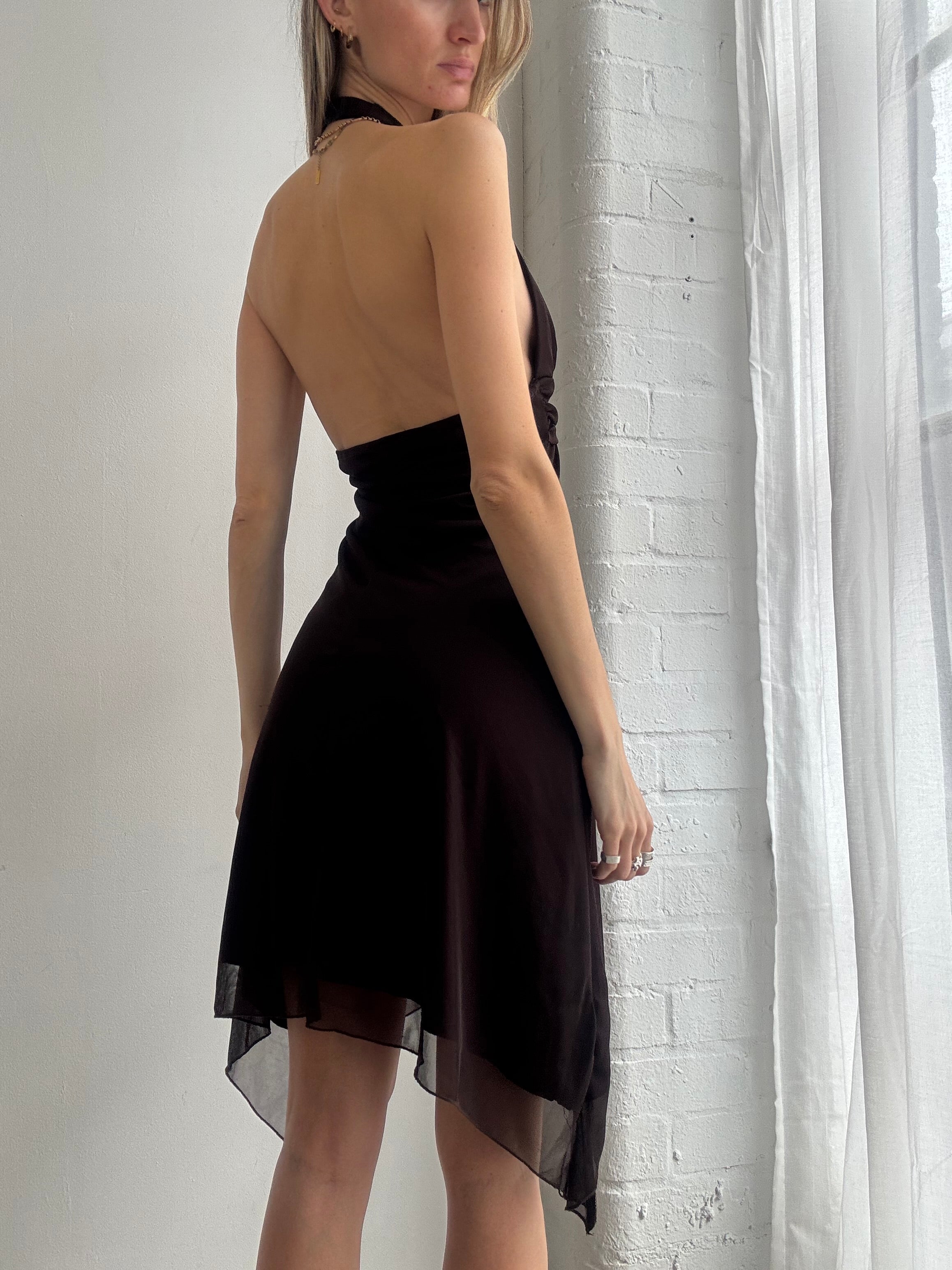 Vintage Y2K brown halter mesh mini dress
