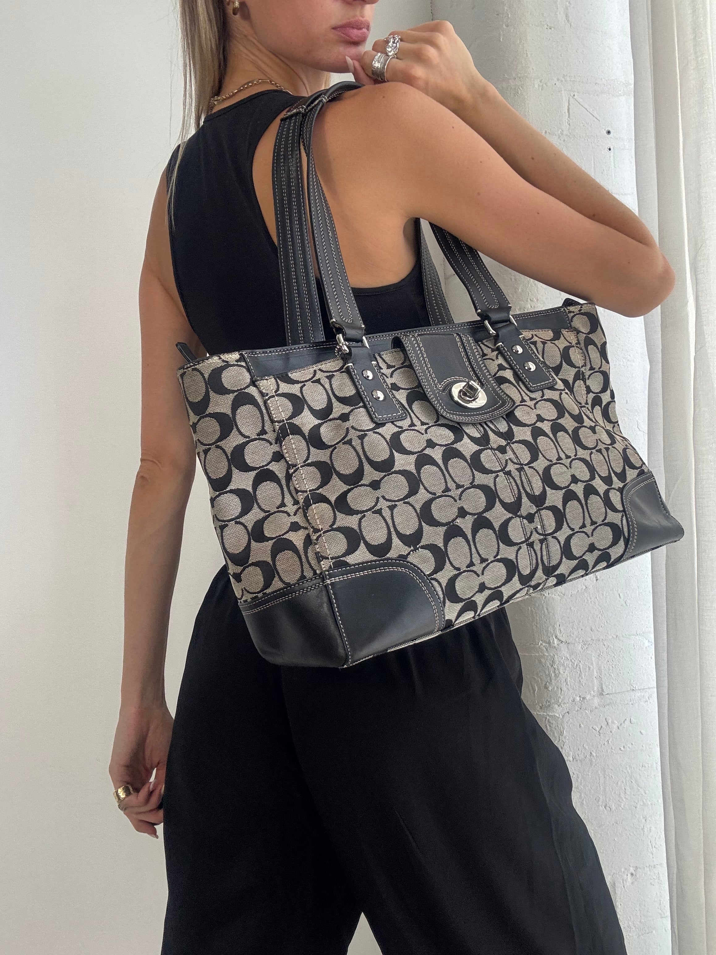 Vintage Y2K Coach Signature Tote Bag – Black Monogram Canvas & Leather Shopper
