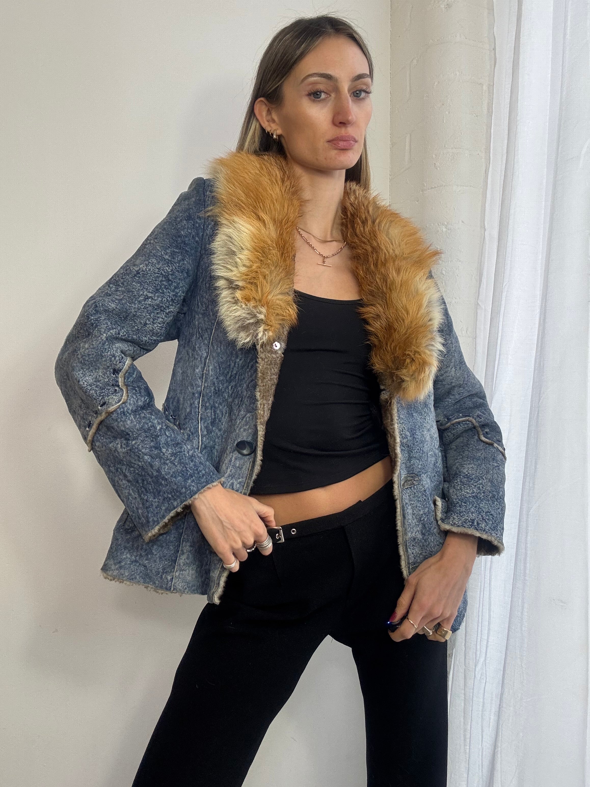 Vintage Y2K blue suede jacket fox fur trim