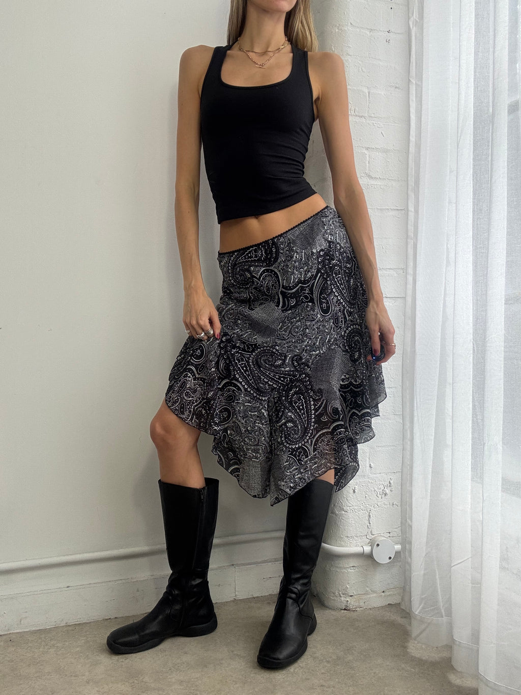 Vintage Y2K paisley print mesh midi skirt asymmetric