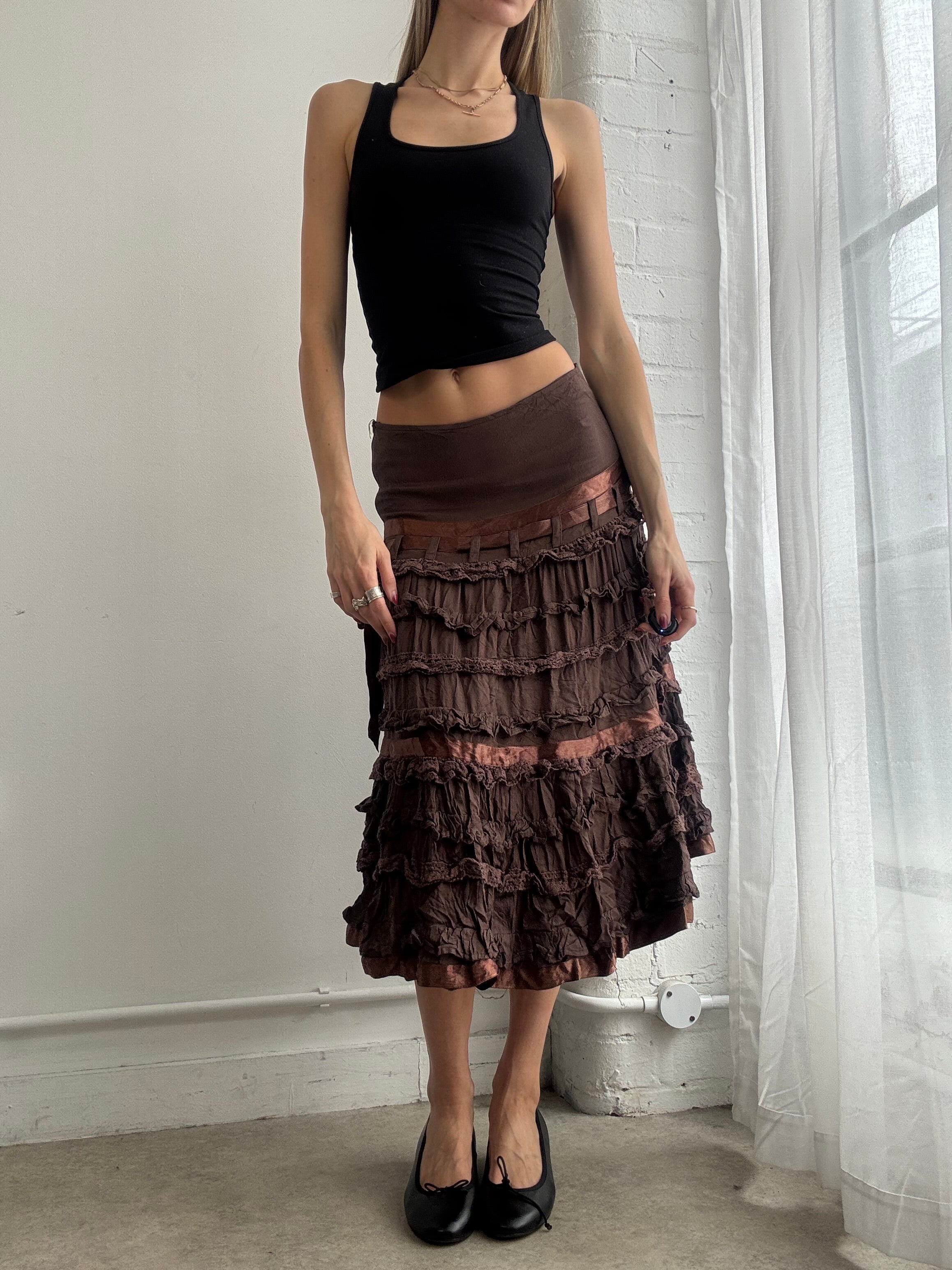 Vintage Y2K brown ruffle midi skirt
