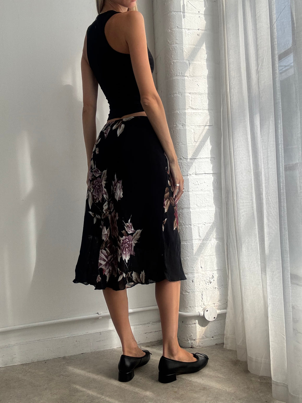 Vintage Y2K Black Floral Mesh Midi Skirt - Size M/L