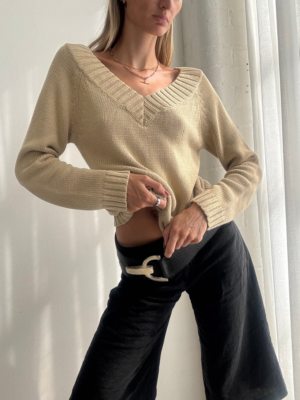 Vintage 90s Cream V-Neck Knit Jumper - Size M