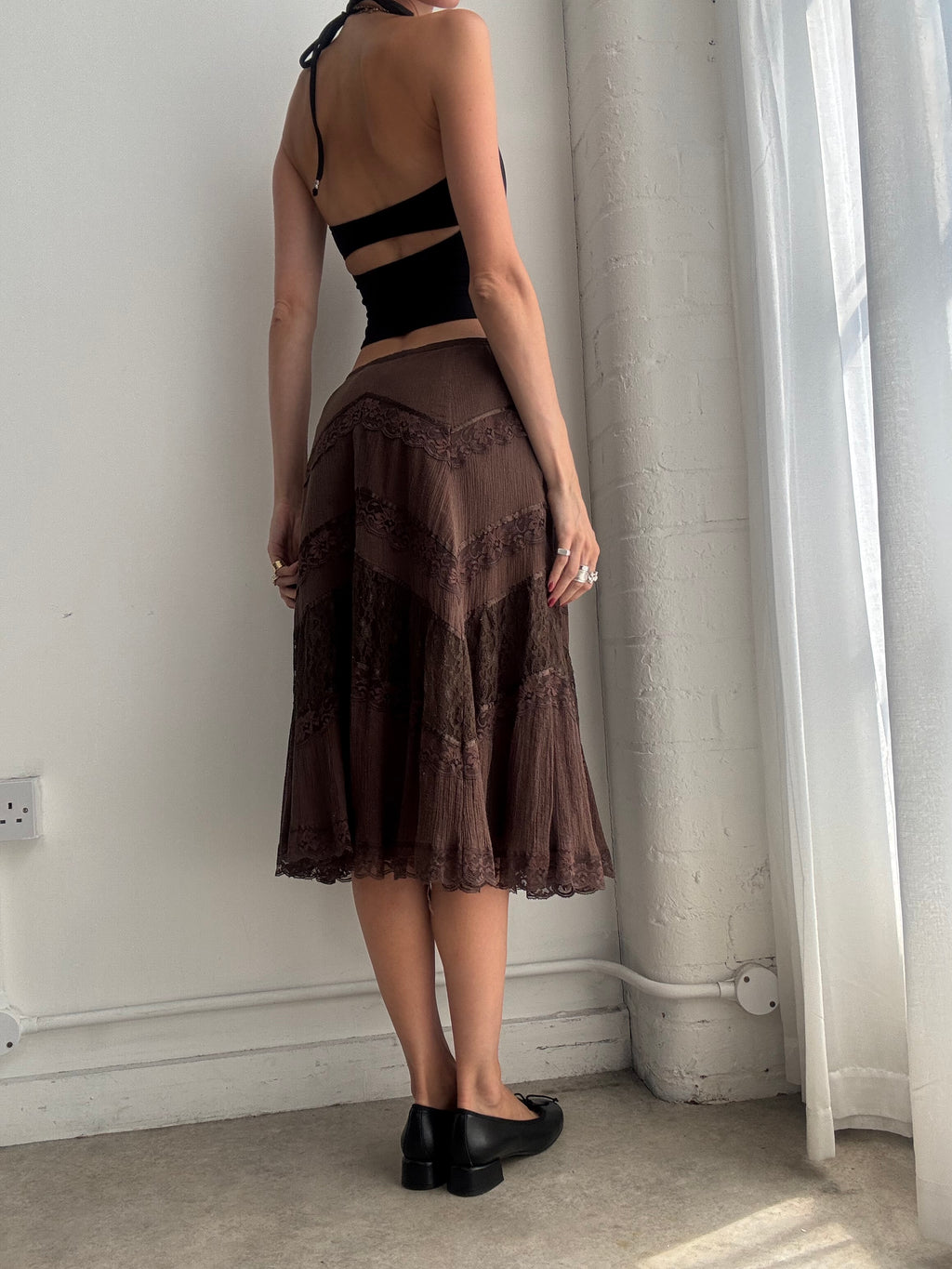 Vintage Y2K Brown Tiered Midi Skirt – Lace Ruffle Boho Skirt - Size M