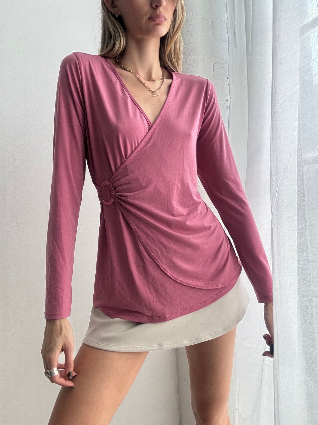 Vintage Y2K pink wrap long sleeve top - Size M