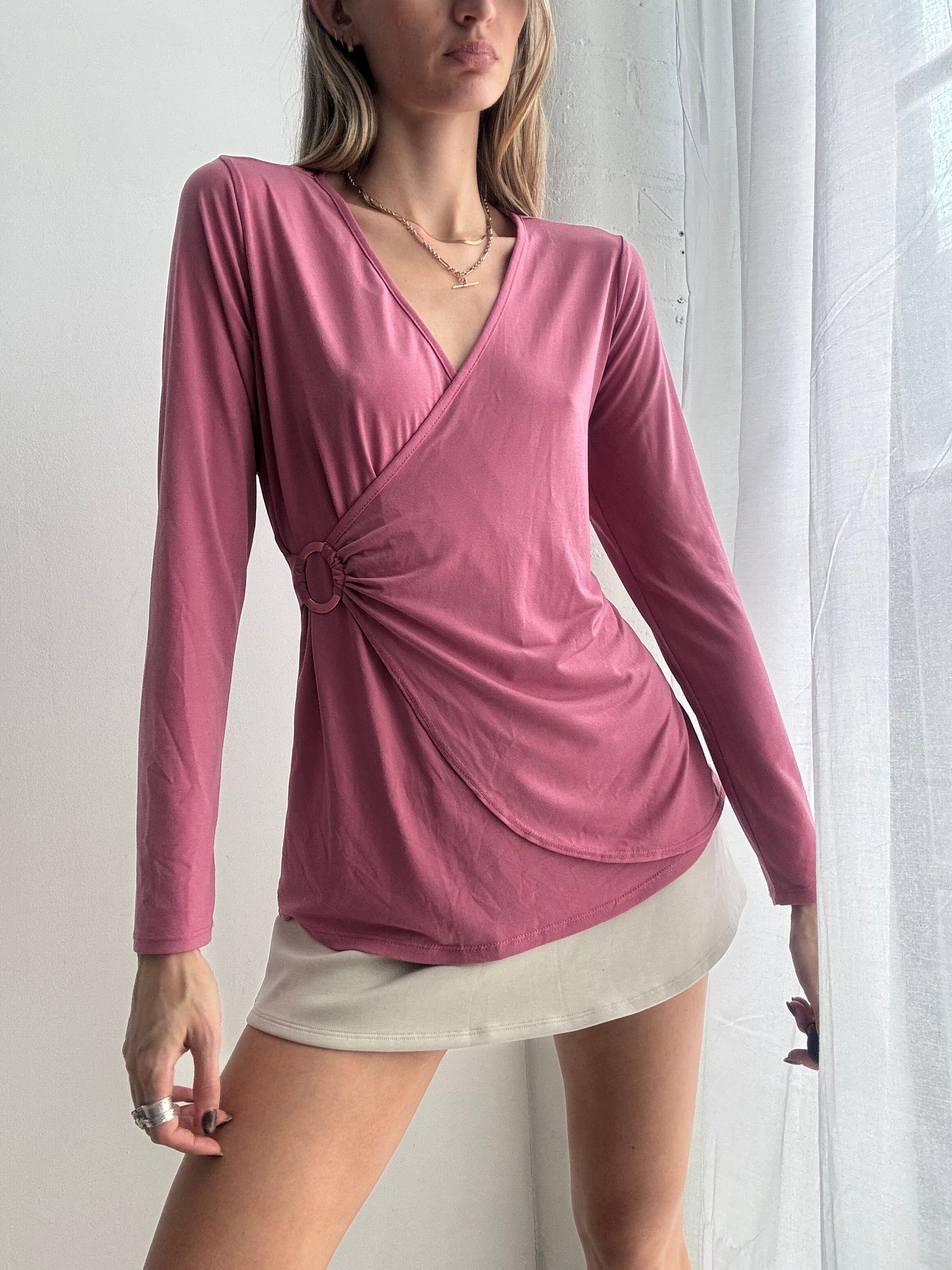 Vintage Y2K pink wrap long sleeve top - Size M