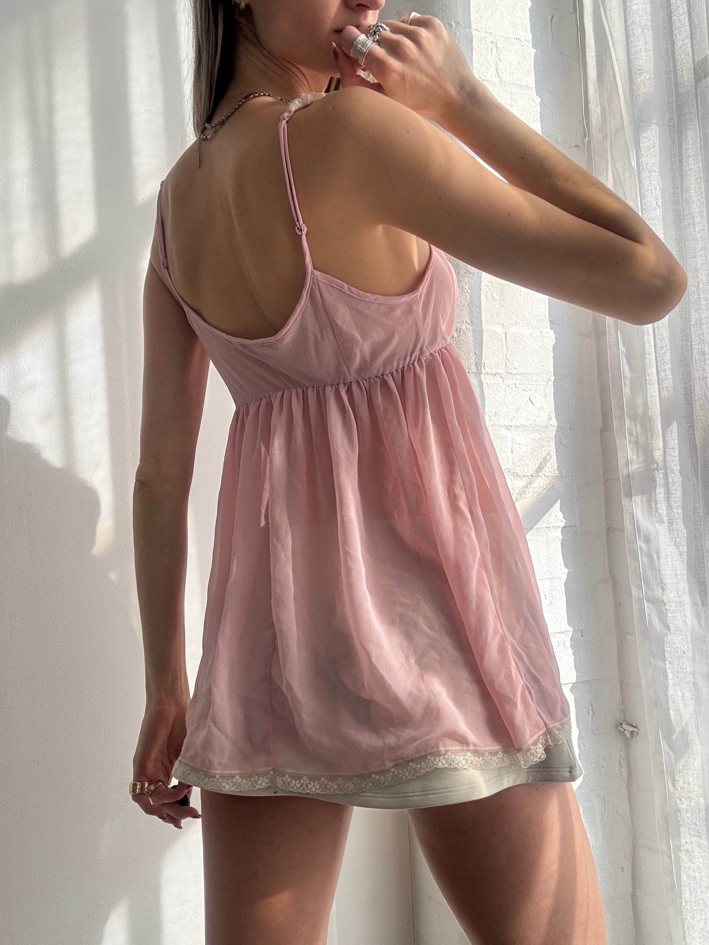 Vintage Y2K victoria's secret pink lace trim mesh babydoll cami top