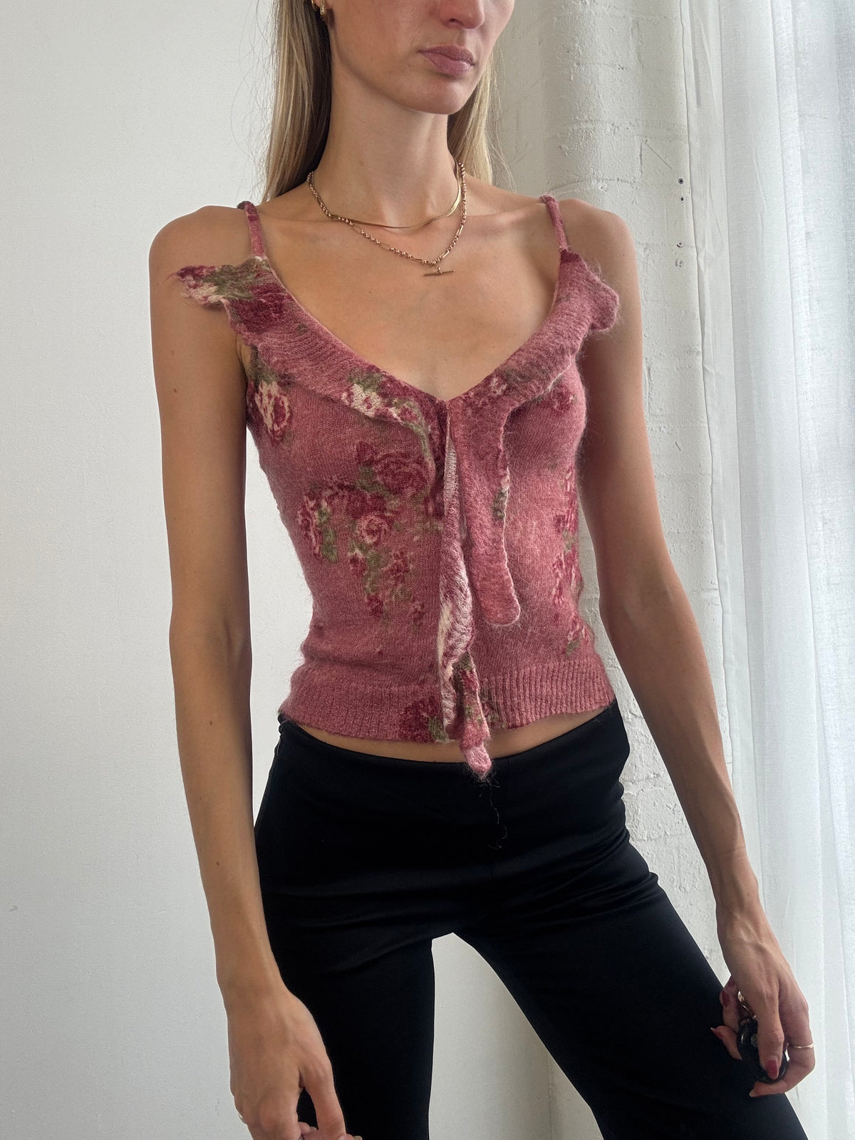 Vintage Y2K Dusty Pink Floral Knit Cami Top - Size XS-S