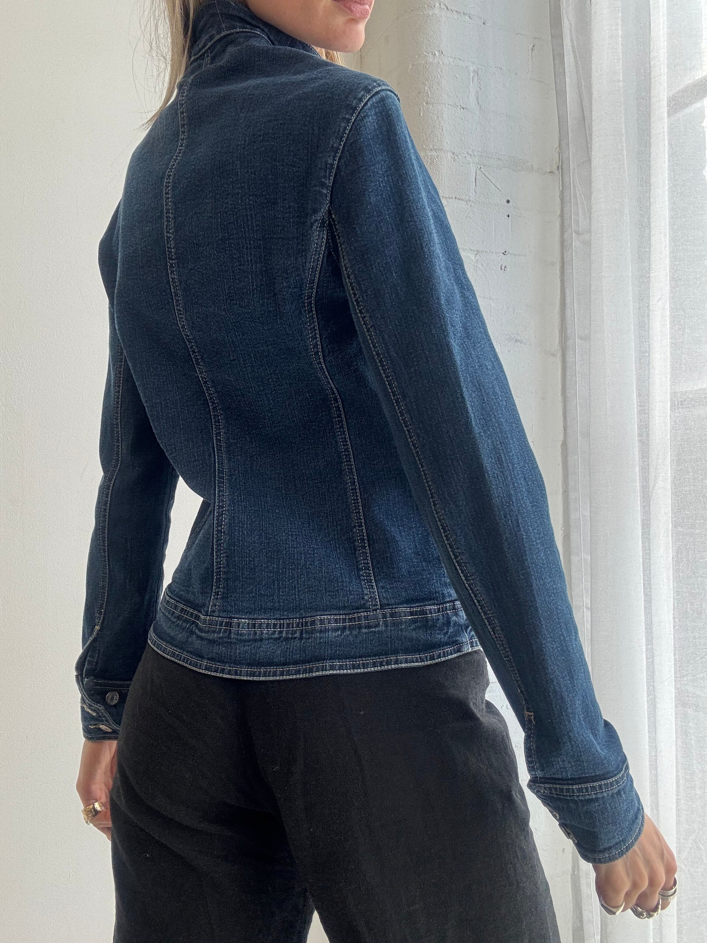 Vintage y2k fitted zip-up denim biker jacket - Size S