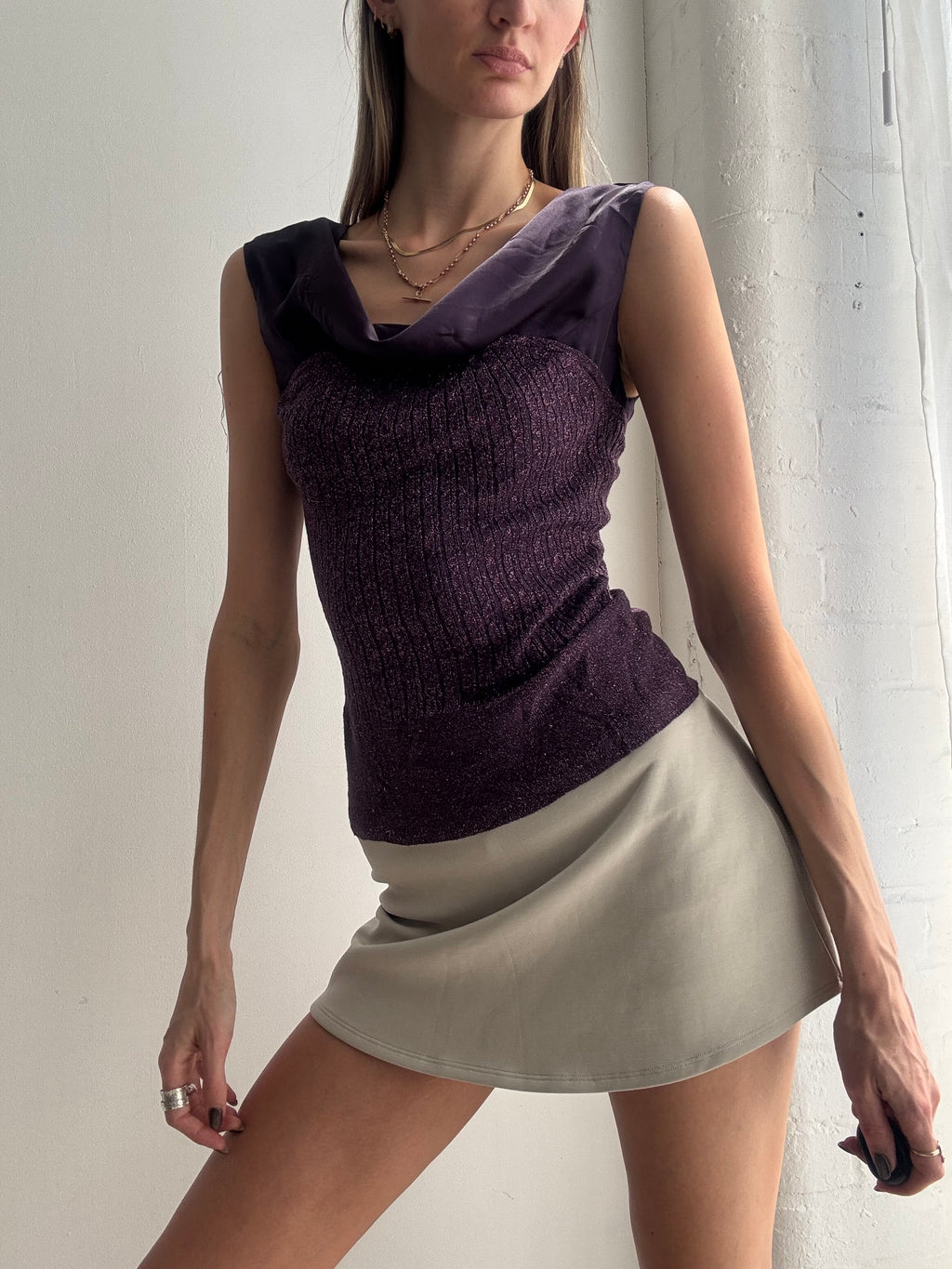 Vintage Y2K purple shimmer cowl neck top - Size S