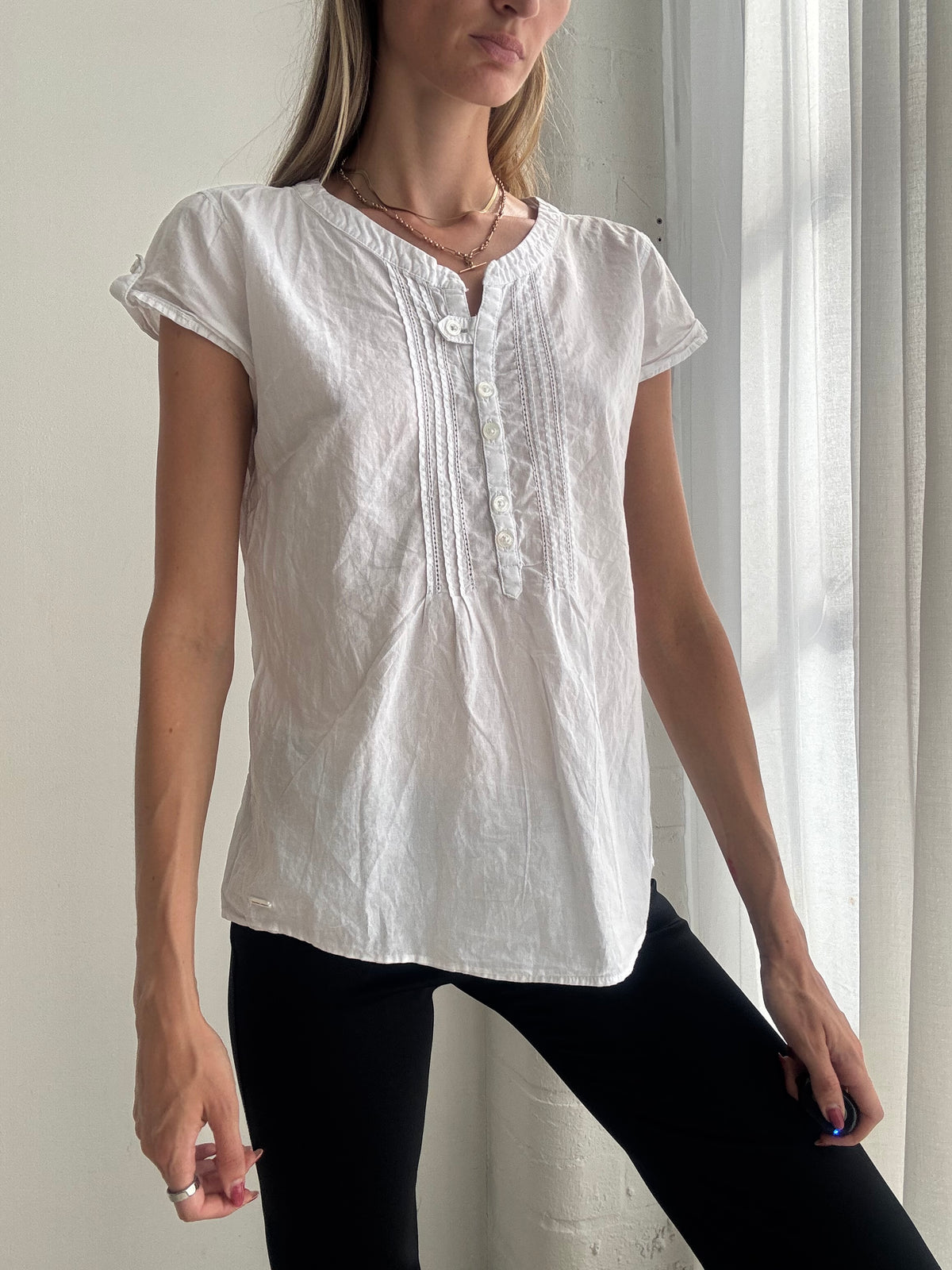 Vintage Y2K White Cotton Short Sleeve Blouse - Size S