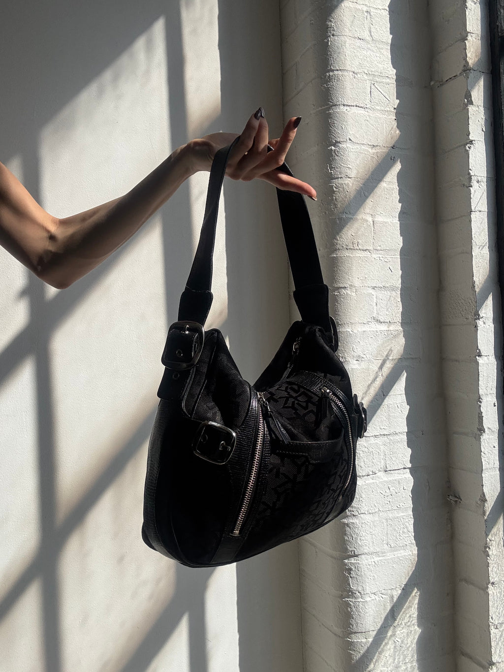 Vintage Y2K DKNY black monogram buckle shoulder bag