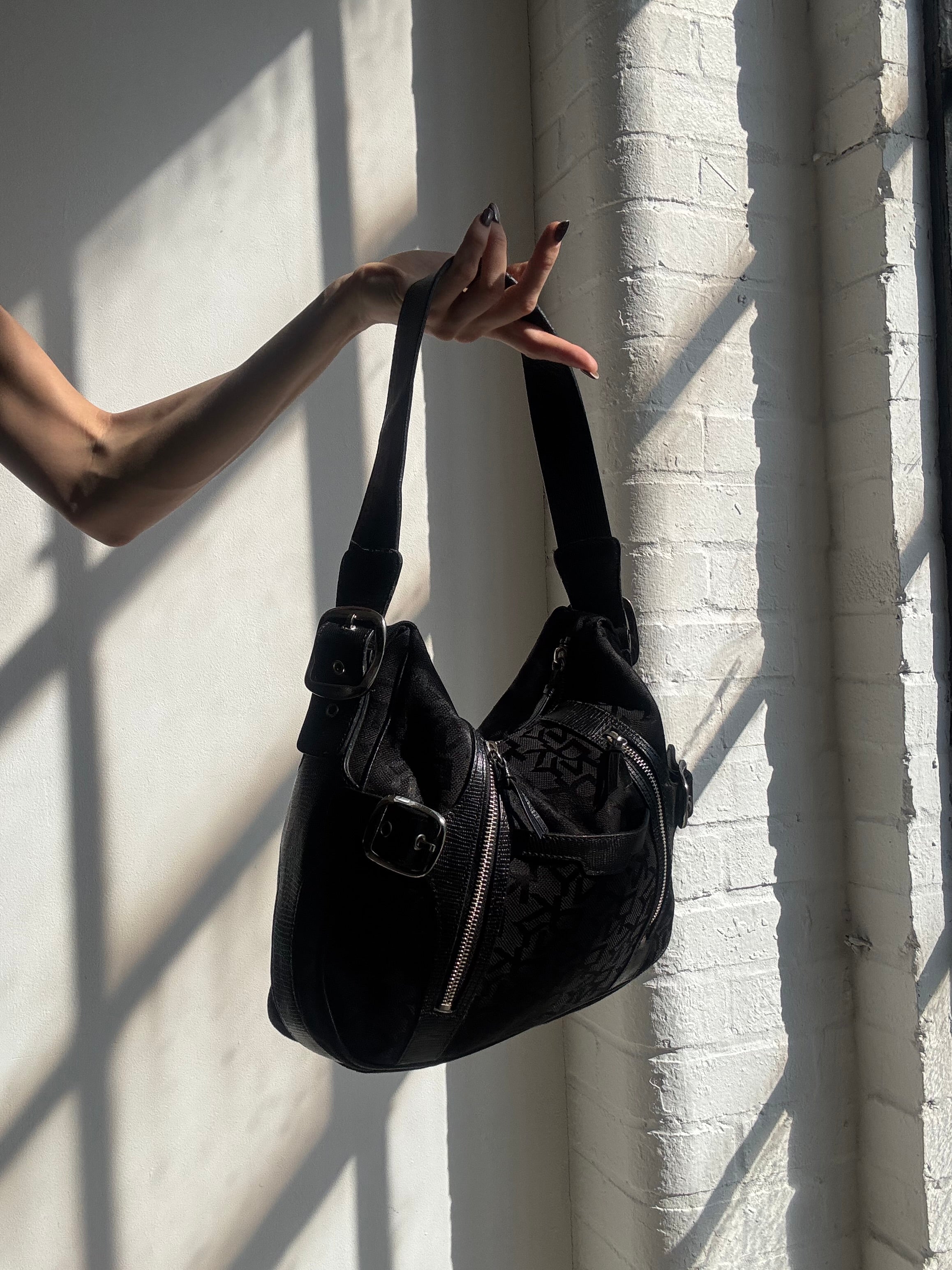 Vintage Y2K DKNY black monogram buckle shoulder bag