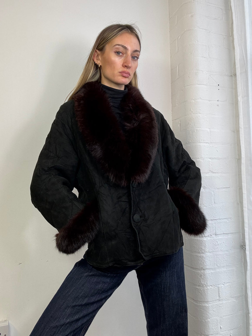 Vintage 90s black suede sheepskin & fox fur trim coat