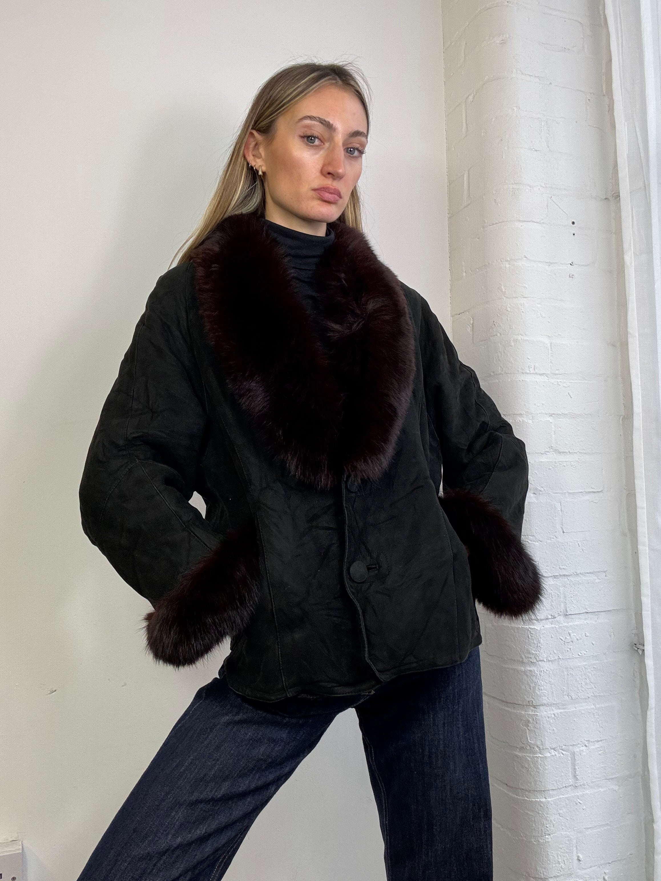 Vintage 90s black suede sheepskin & fox fur trim coat