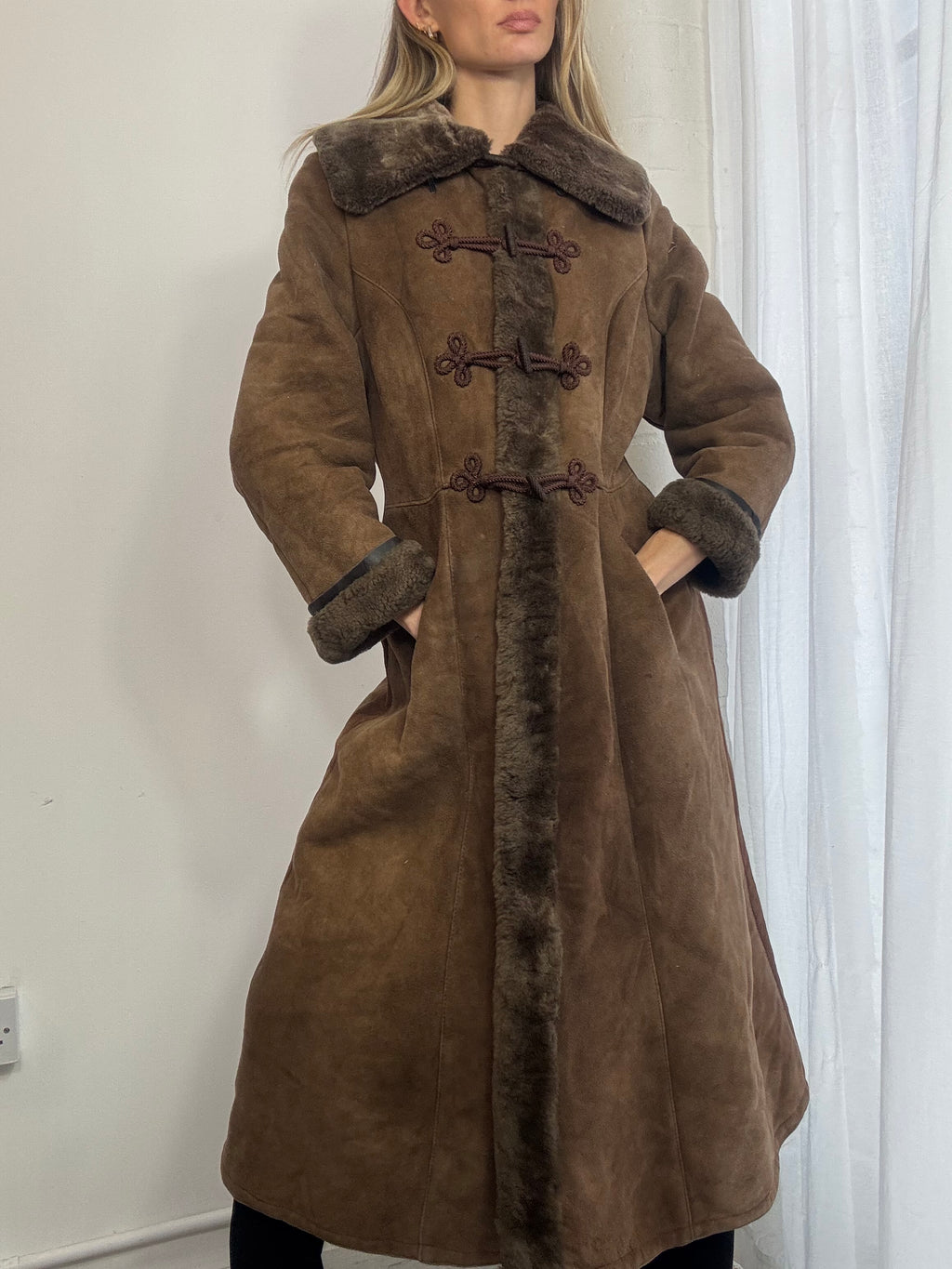 Vintage genuine suede sheepskin long brown coat