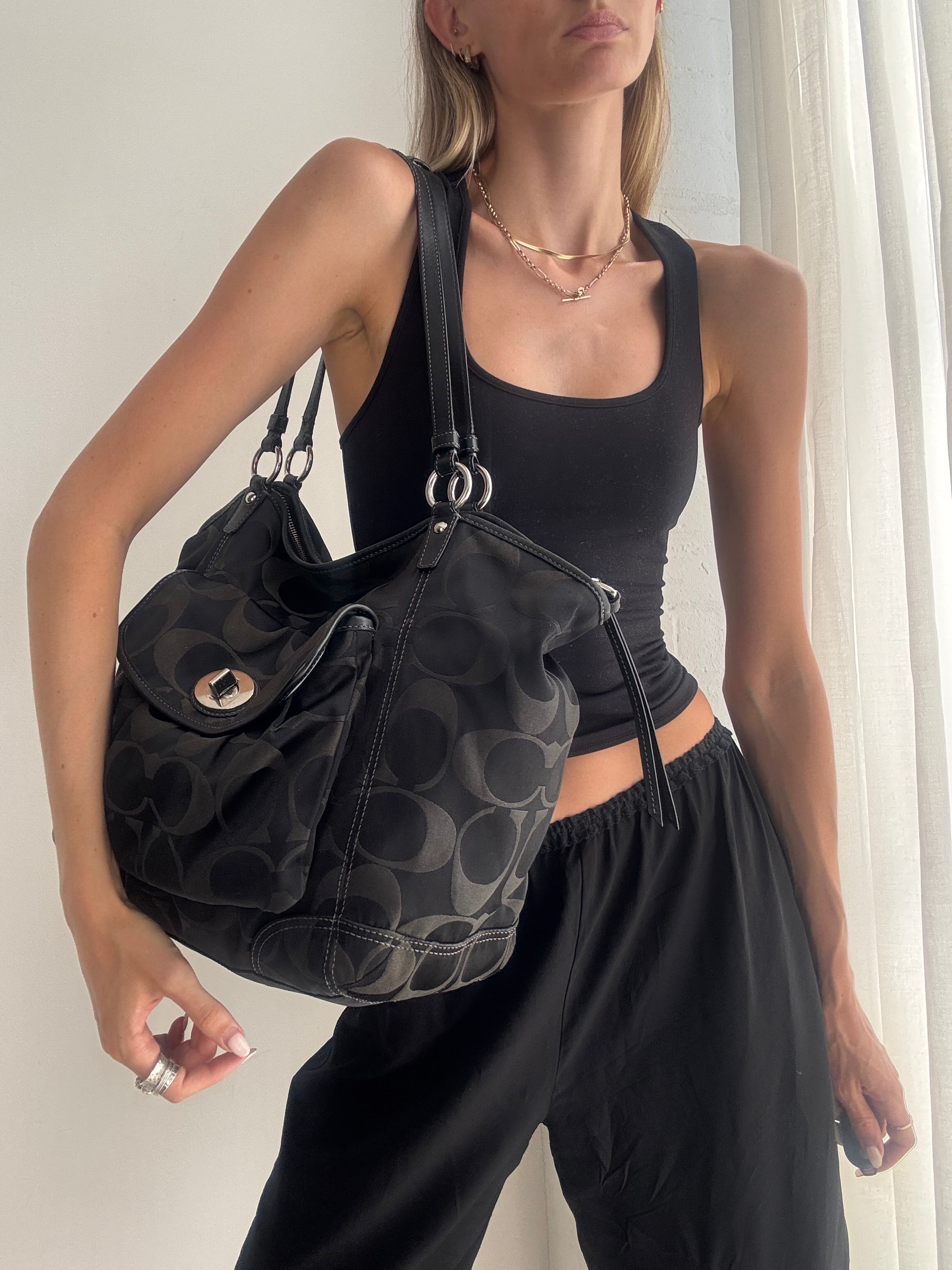 Vintage Y2K Coach Signature Hobo Bag – Black Monogram Canvas Shoulder Bag