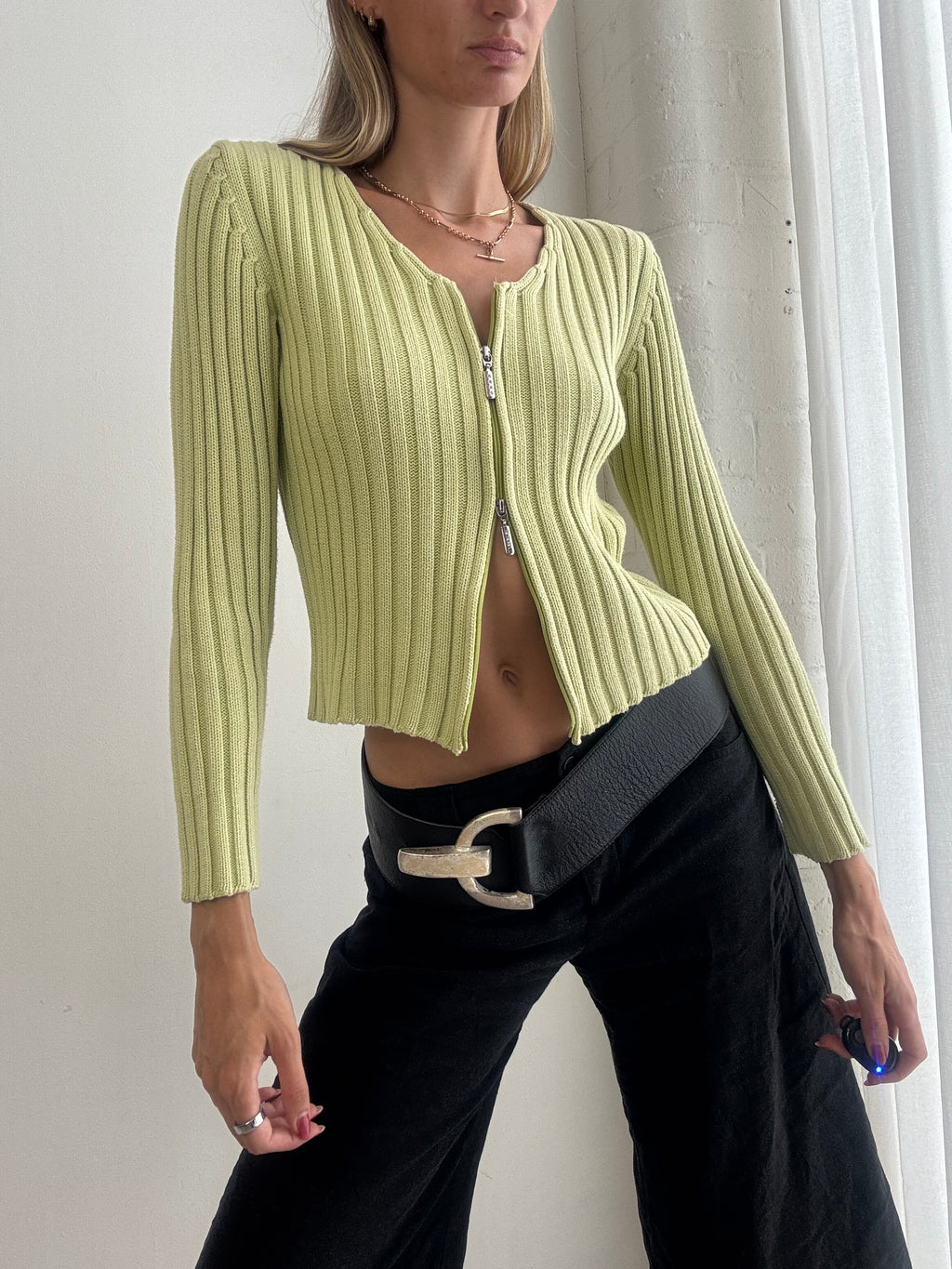 Vintage Y2K Lime Green Ribbed Zip Front Cardigan - Size S/M