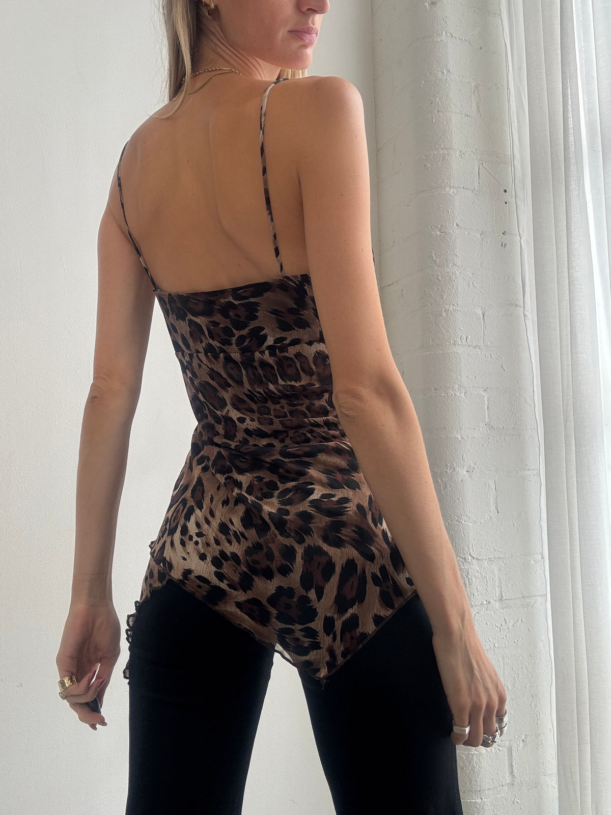 Vintage Y2K Leopard Print Mesh Asymmetric Cami Top - Size L