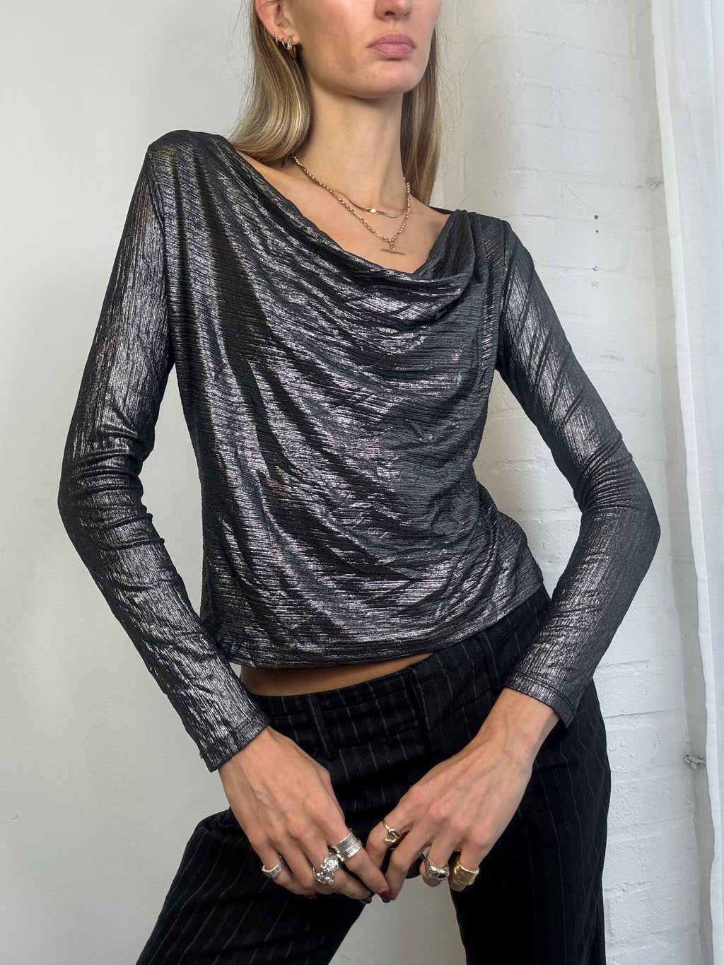 Vintage Y2K silver cowl neck long sleeve top