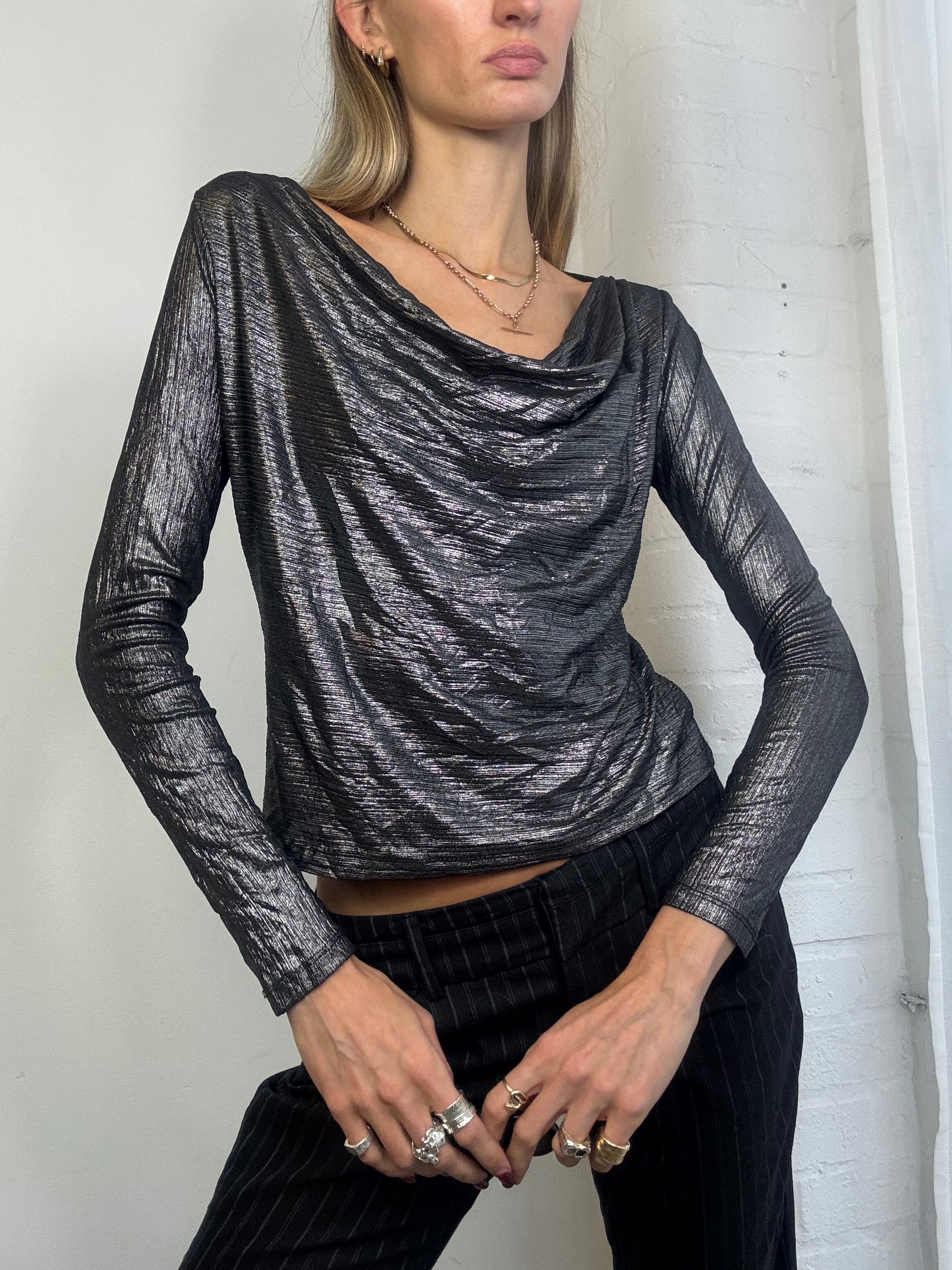 Vintage Y2K silver cowl neck long sleeve top