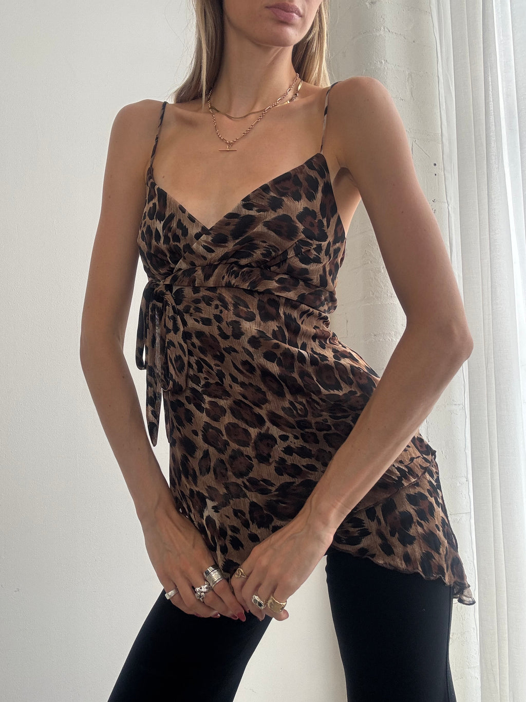 Vintage Y2K Leopard Print Mesh Asymmetric Cami Top - Size L