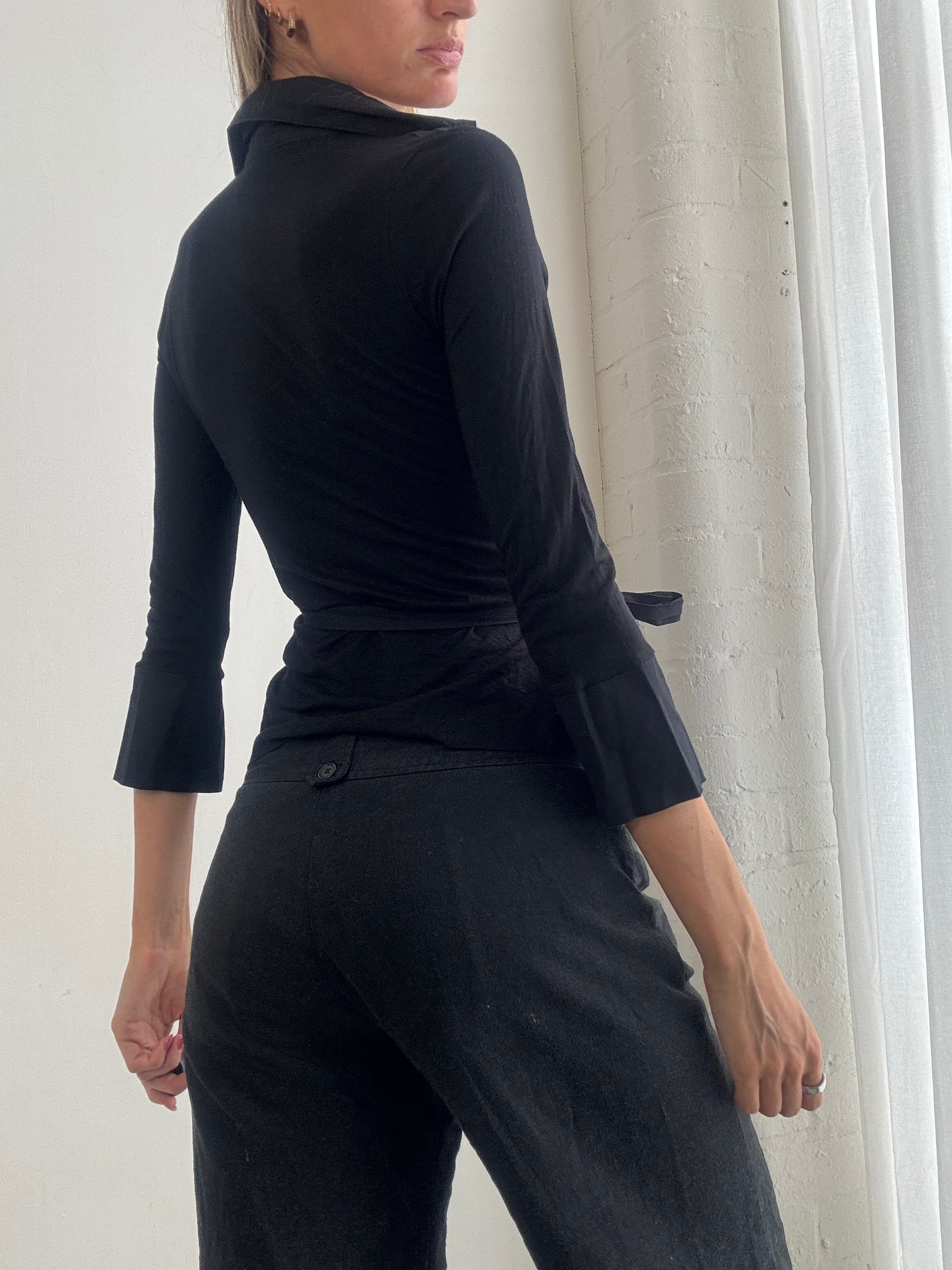 Vintage Y2K Black Ruched Tie Front Fitted Wrap Blouse - Size XS/S