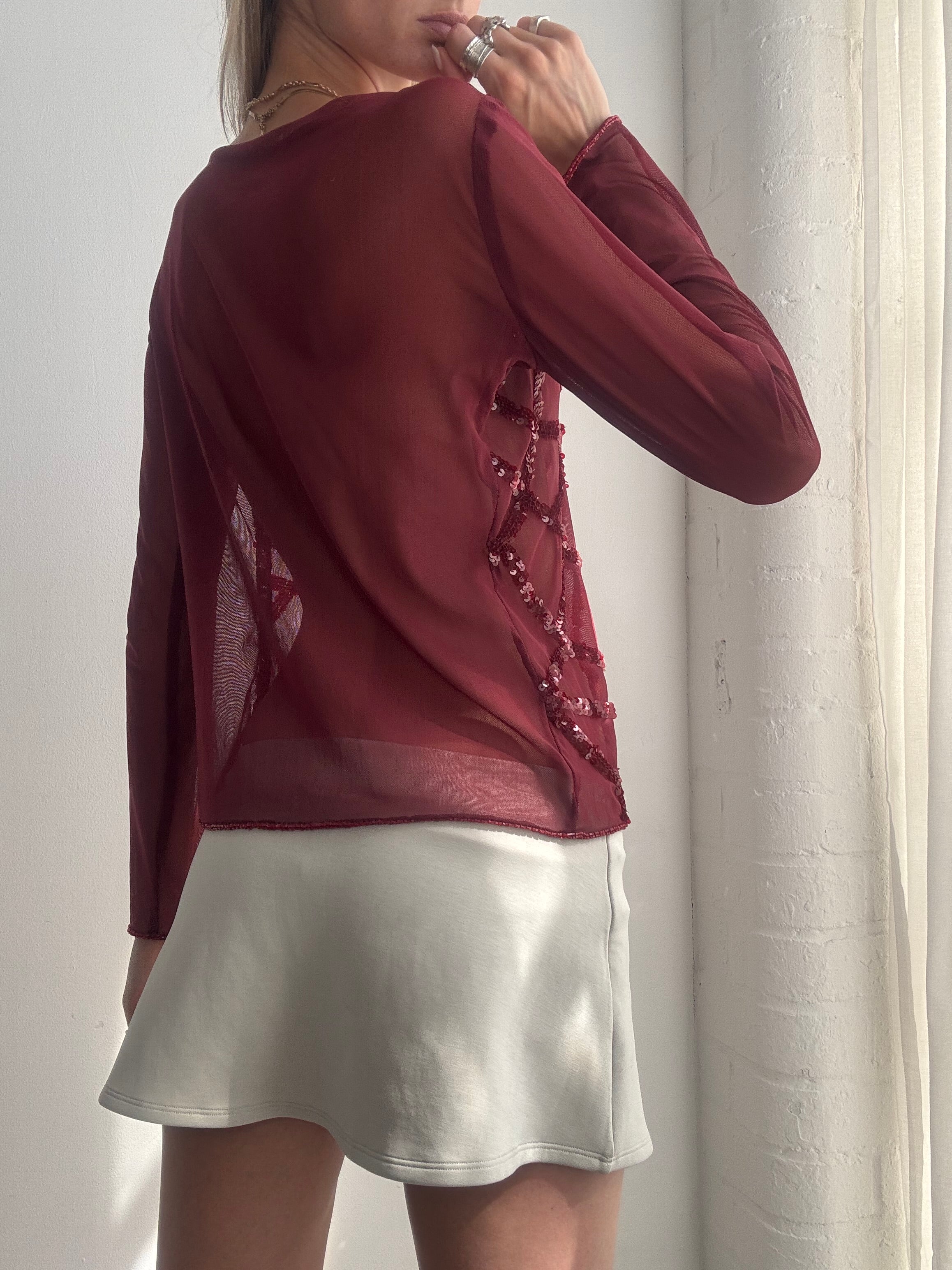 Vintage Y2K Burgundy Sequin Mesh Cardigan - Size M