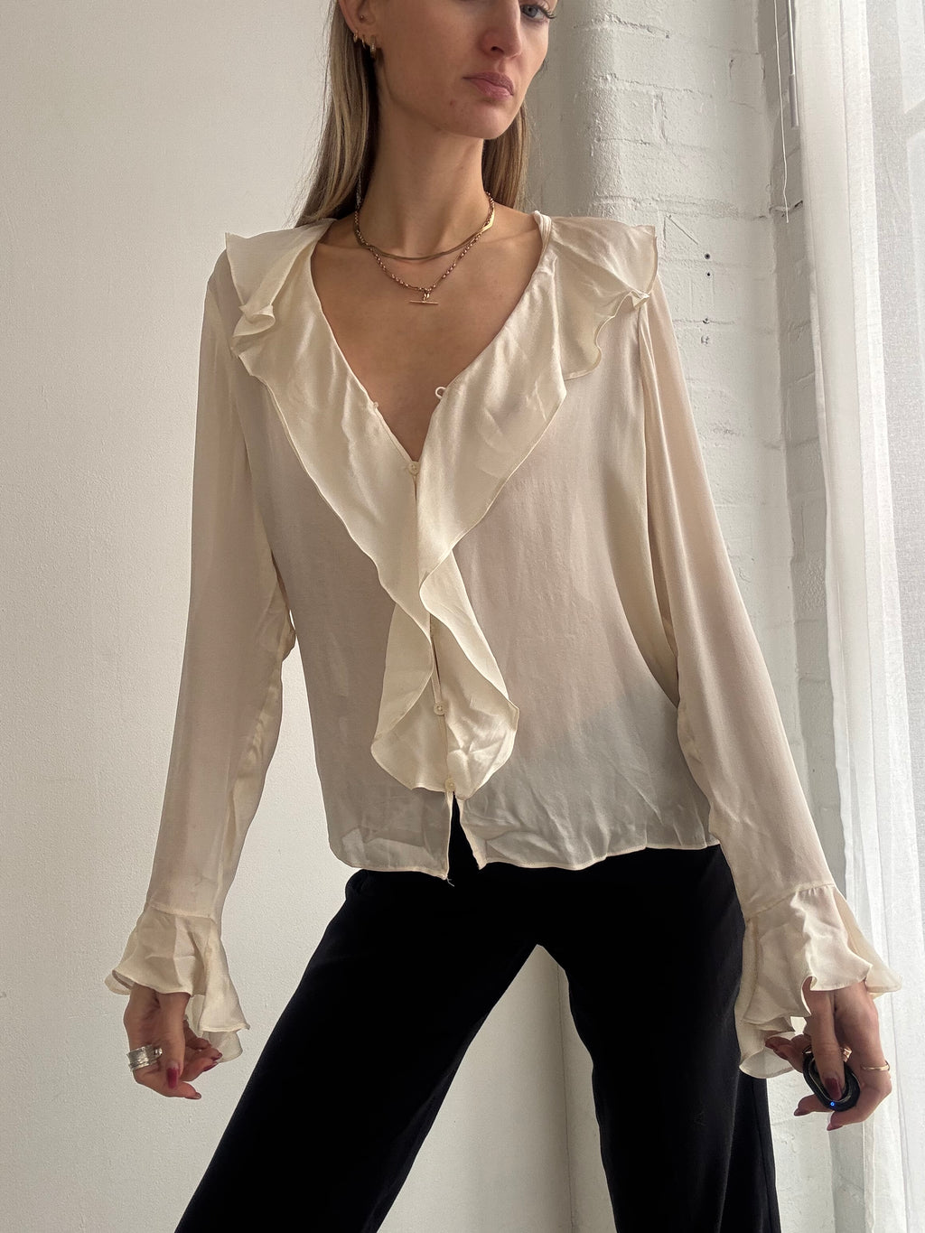 Vintage 90s Ralph Lauren cream ruffle silk blouse