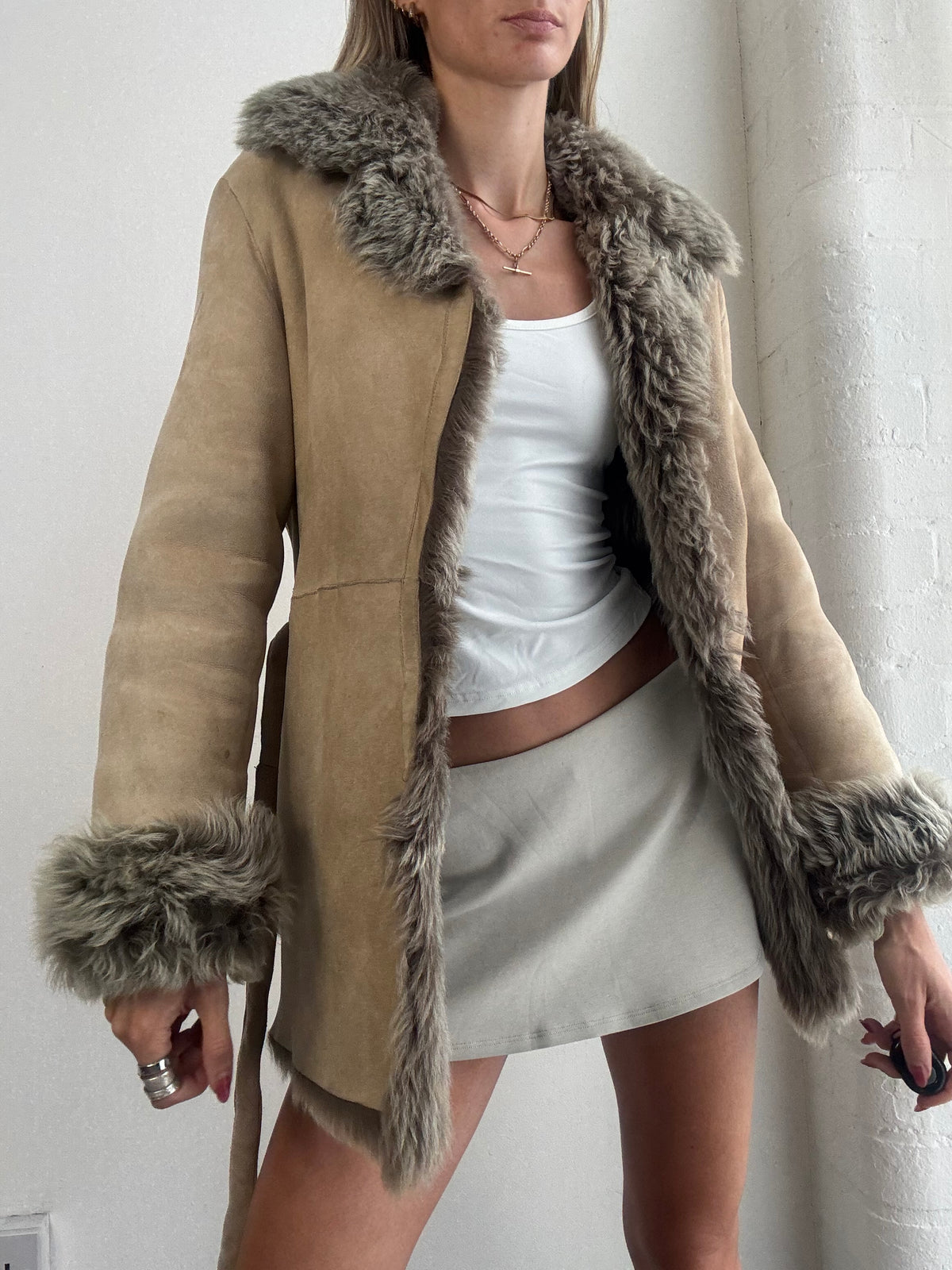 Vintage Y2K Beige Suede Sheepskin  Fur Trim Belted Afghan Coat - Size XS