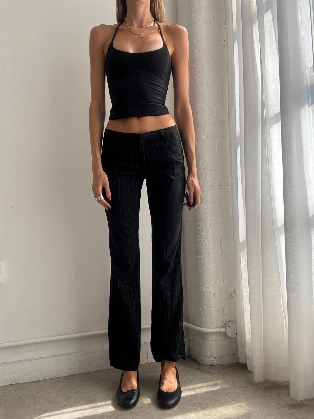 Vintage 90s Black Low Rise Pinstripe  Straight Leg Trousers - Size XS