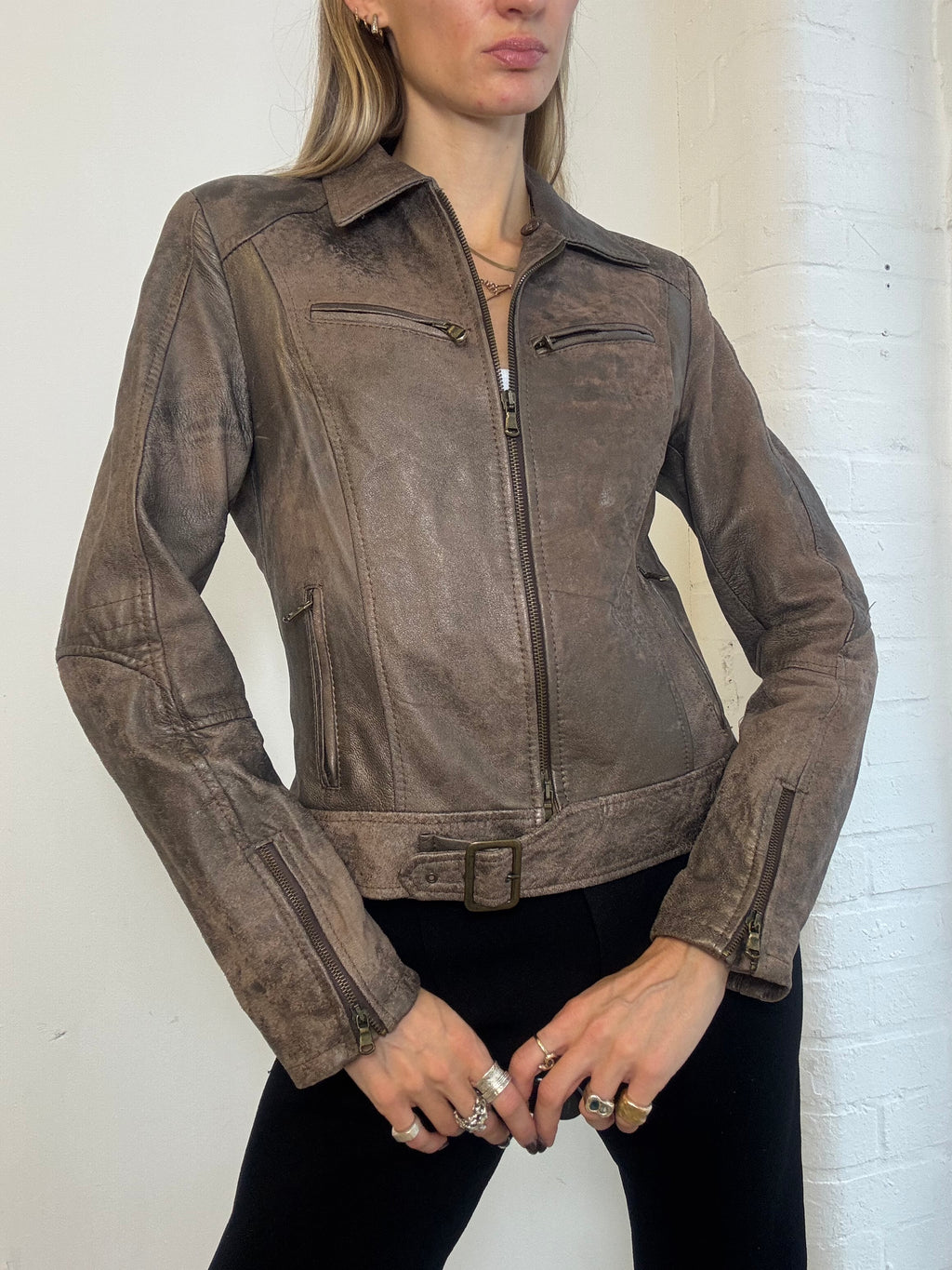 Vintage Y2K Distressed Taupe Real Leather Belted Zip Jacket - Size S