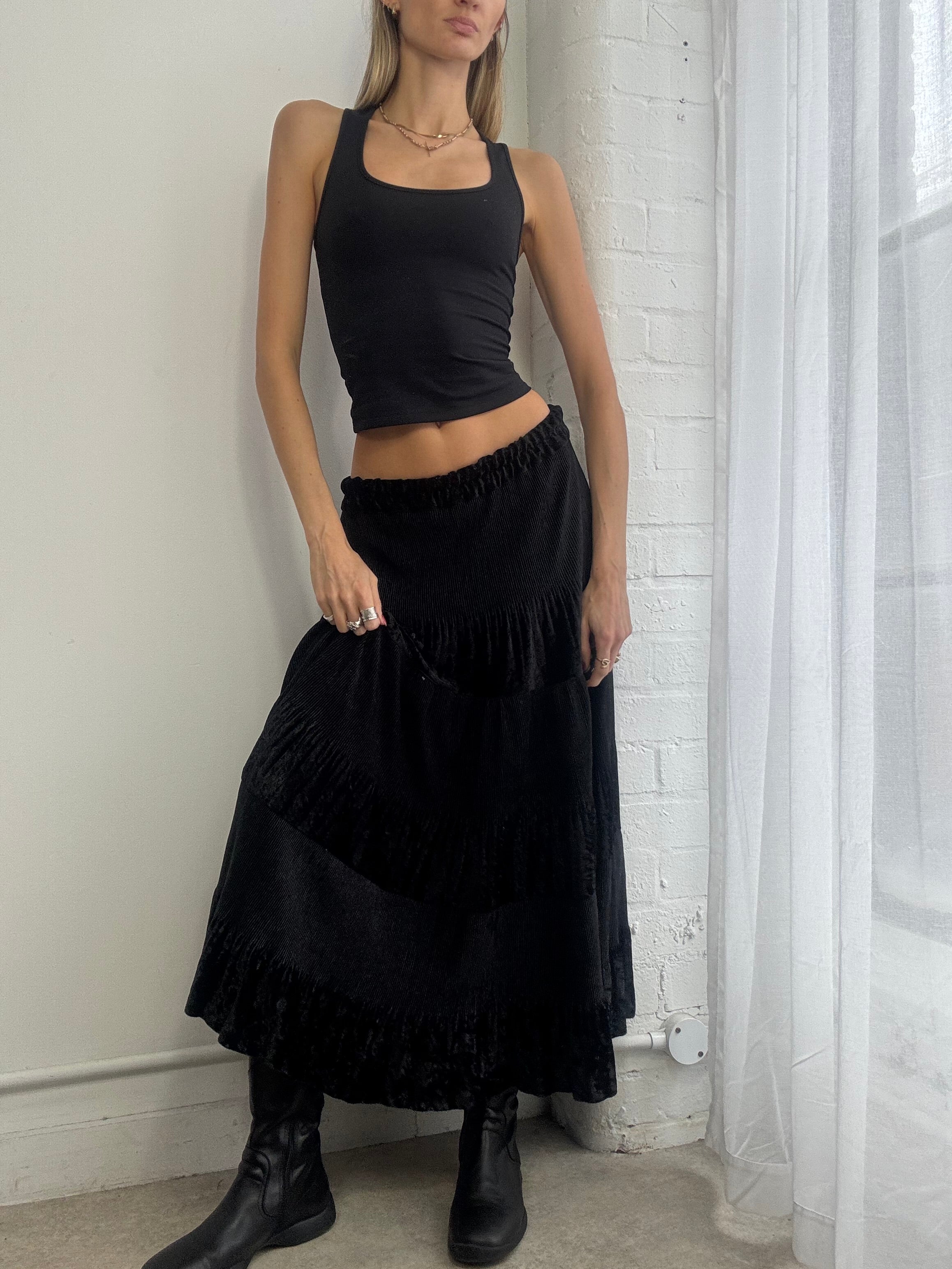 Vintage 90s black velvet ruffle midi skirt