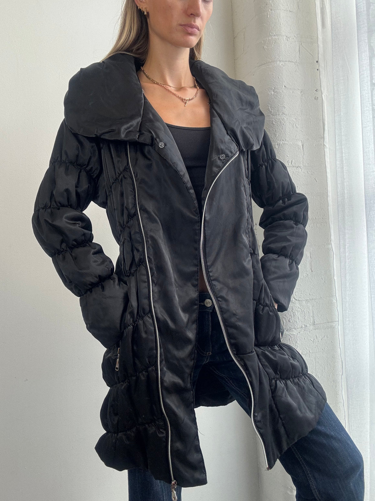 Vintage Y2K Black Longline Puffer Asymmetric Jacket - Size M