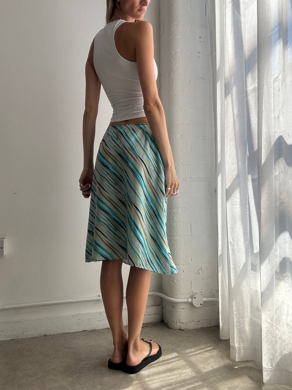 Vintage Turquoise Printed Stripe Midi Skirt Y2K - Size M