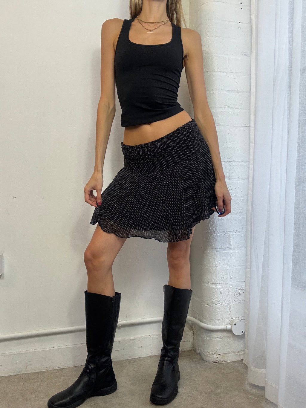 Vintage Y2K black & white polka dot silk mini skirt asymmetric