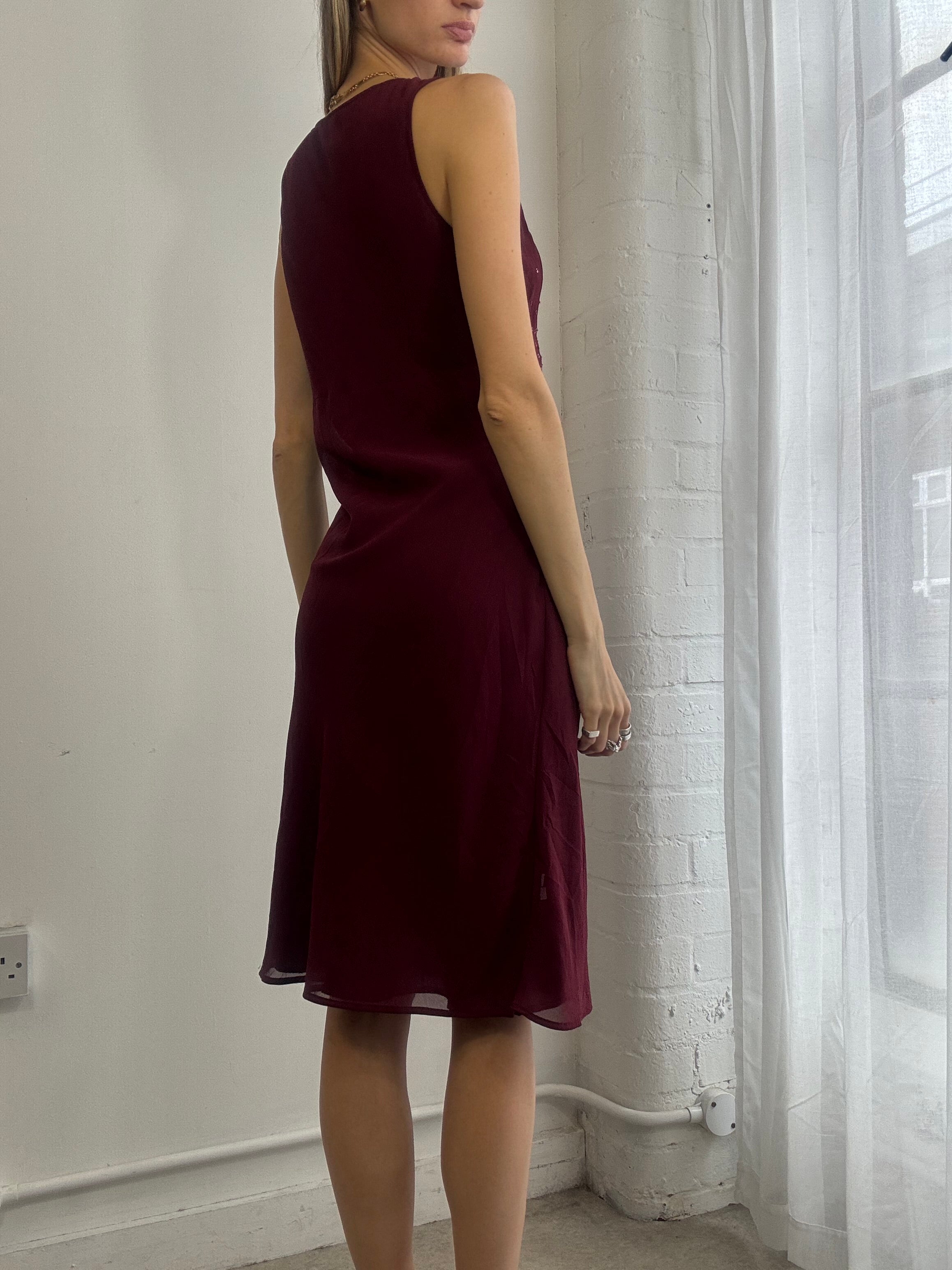 Vintage Y2k Burgundy Mesh Midi Dress Sequins