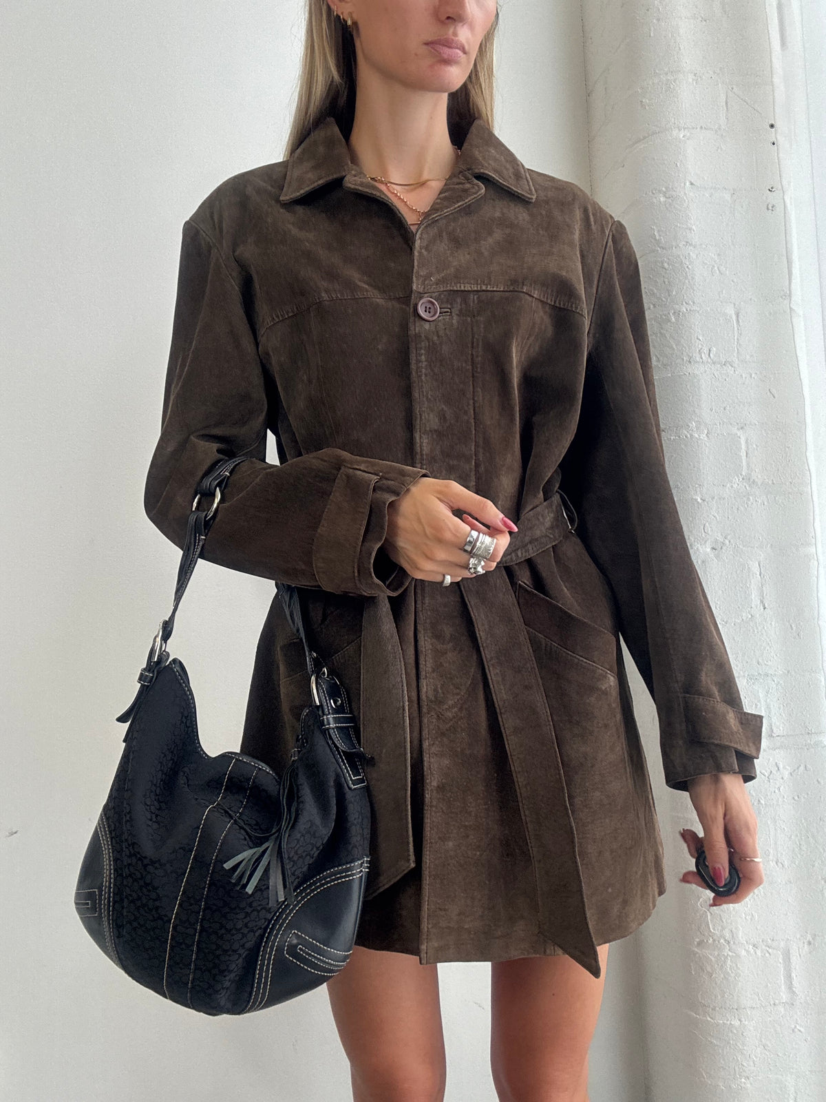 Vintage 90's Chocolate Brown Suede Belted Jacket - Size M