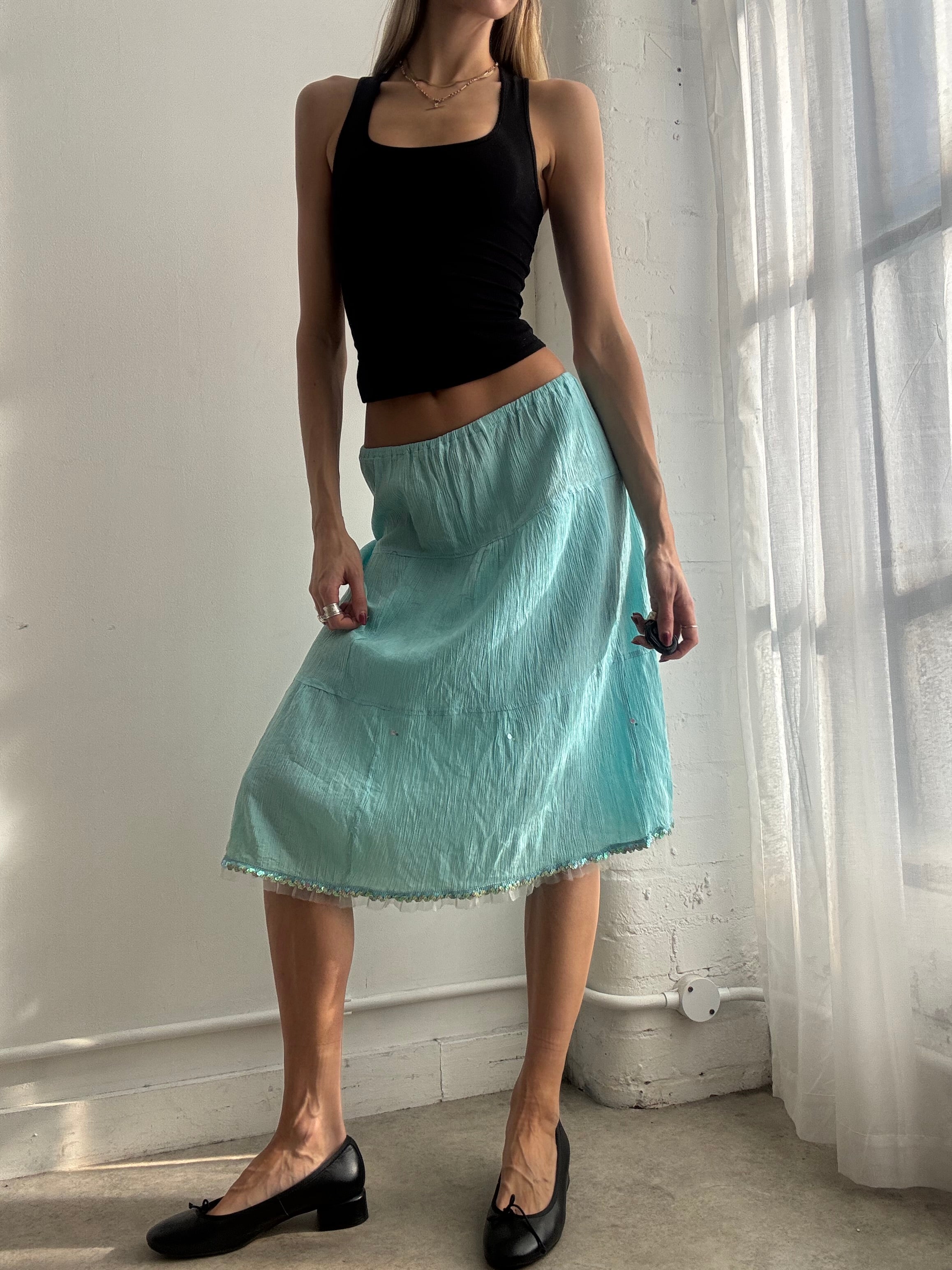 Vintage Y2K turquoise tiered cotton midi skirt sequin