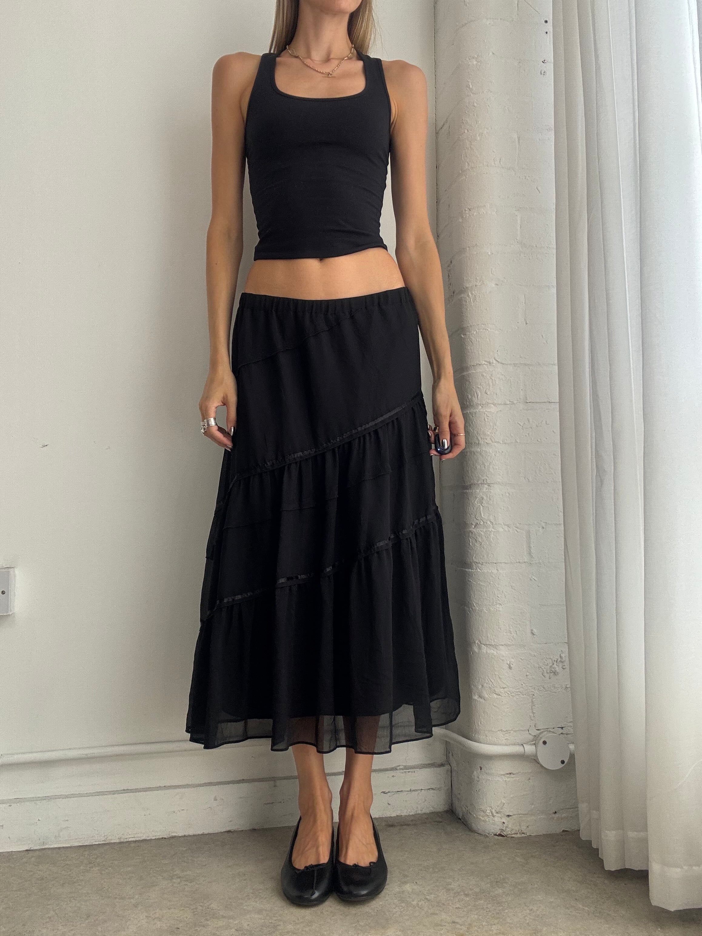 Vintage Y2K Black Sheer Tiered Maxi Skirt – Boho Chiffon Floaty Skirt - Size M
