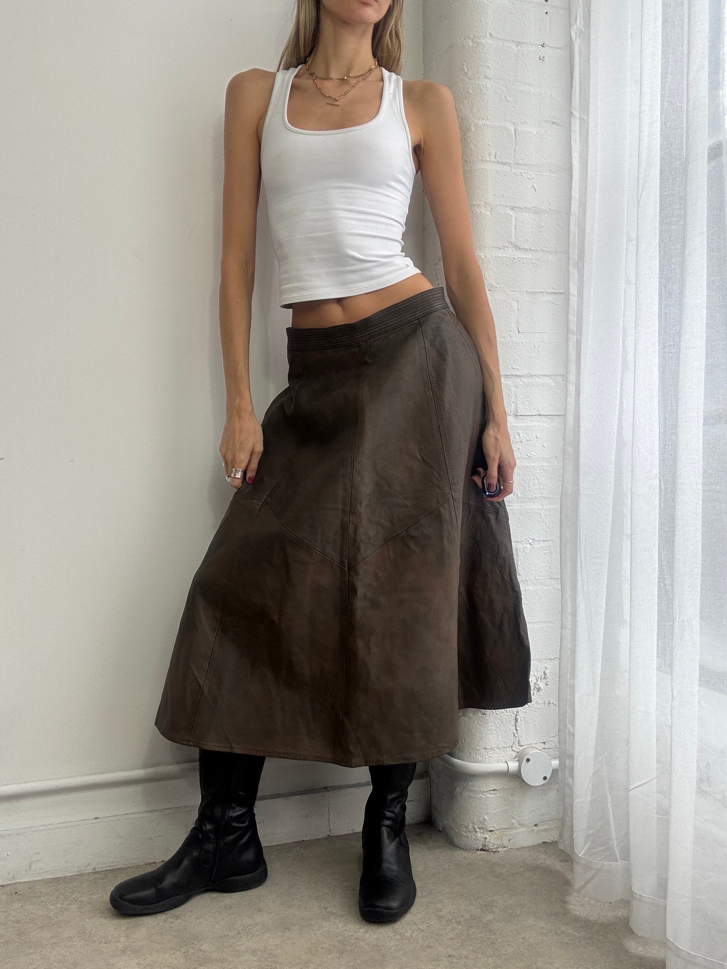 Vintage 90s distressed brown leather maxi skirt