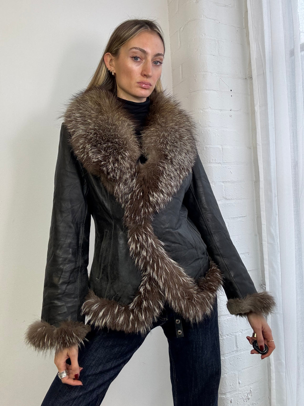 Vintage Y2K Afghan jacket black with brown fur trim