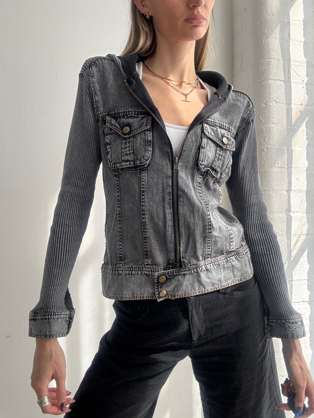 Vintage Y2K grey denim & knit zip up hooded jacket - Size S