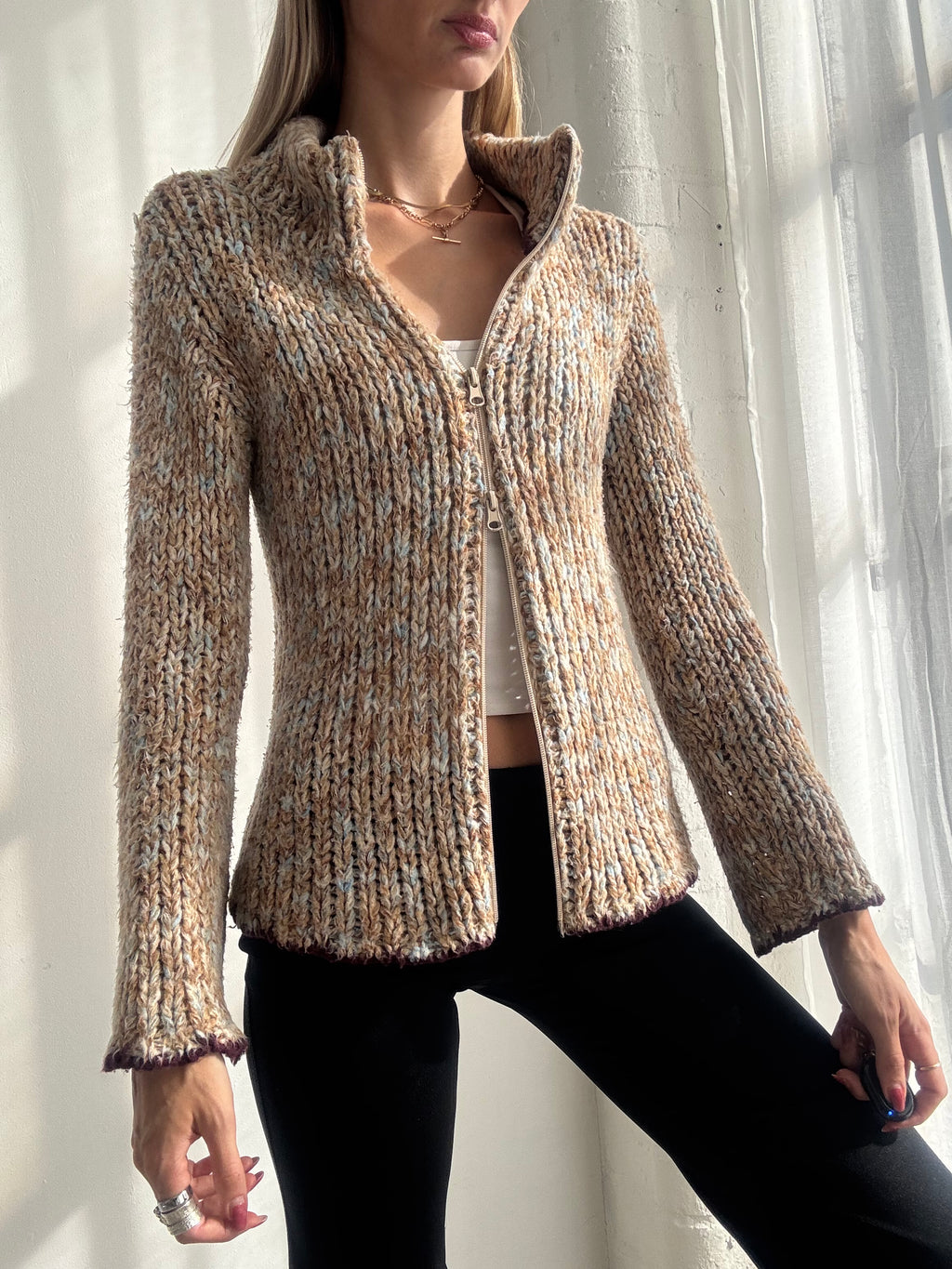 Vintage Y2K Multicolour Textured Knit Dual Zip Up Cardigan - Size M