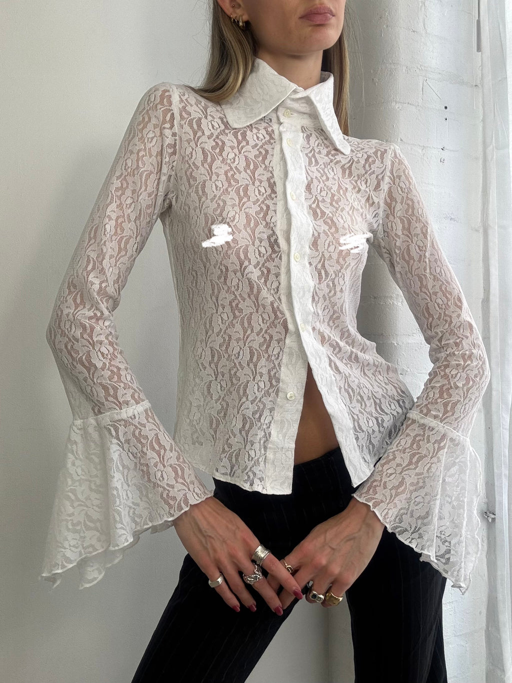 Vintage 90s sheer white lace button up blouse