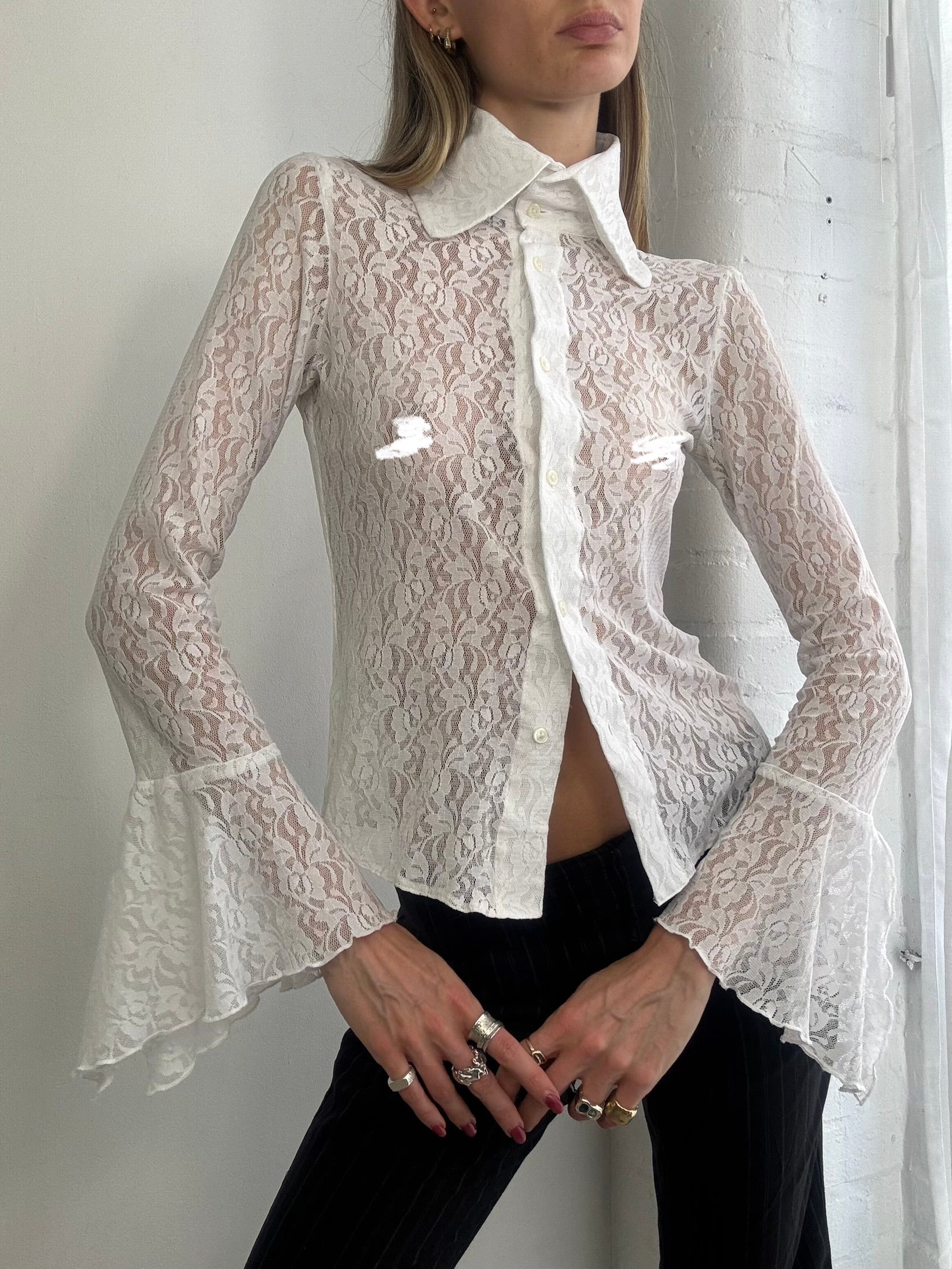 Vintage 90s sheer white lace button up blouse